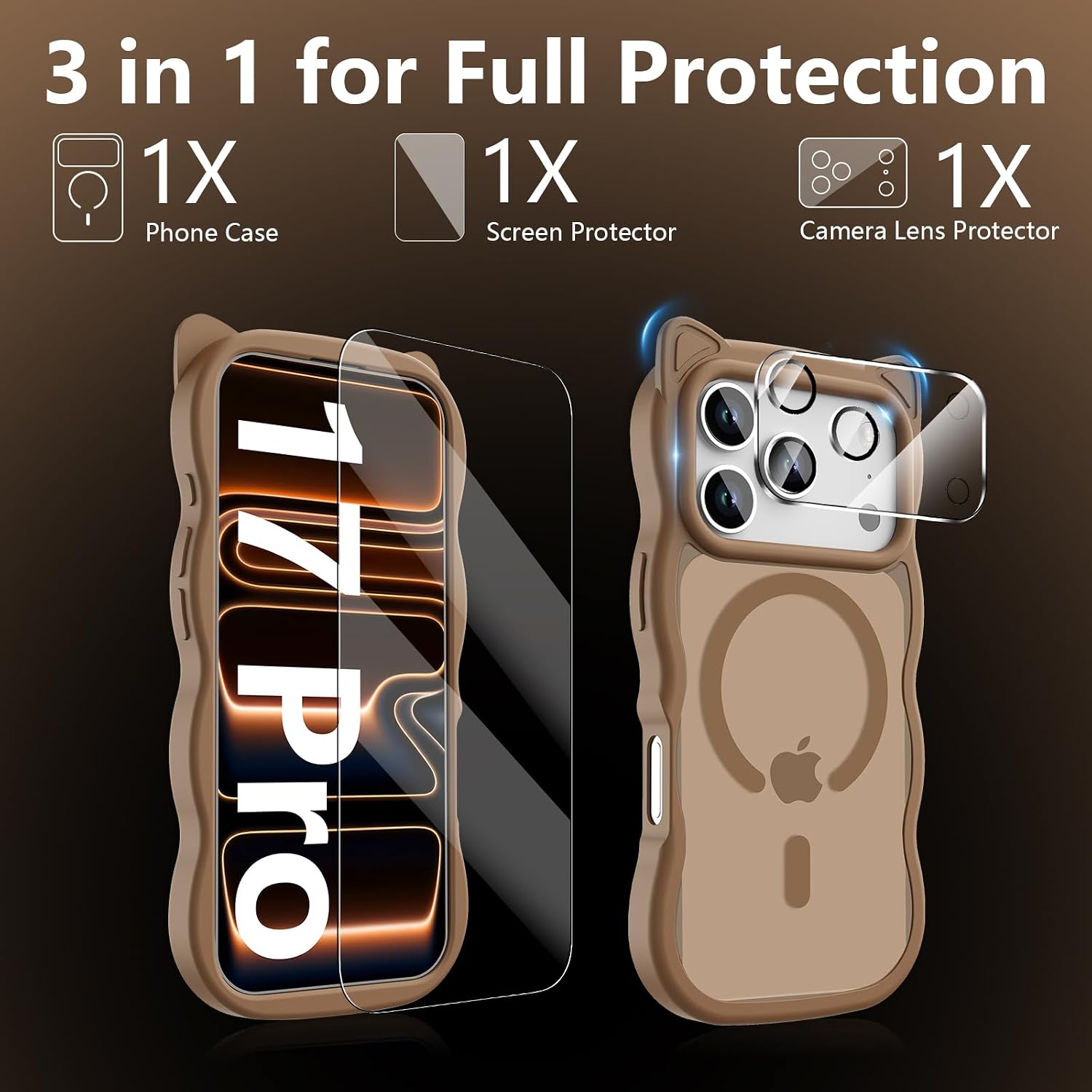 3 in 1 Magnetic for iPhone 17 Pro Case for Women Girls,1X Screen Protector+1X Camera Lens Protector,Compatible with MagSafe,Translucent Matte,Cute Cat-Ear Wavy Phone Case,6.3",Brown