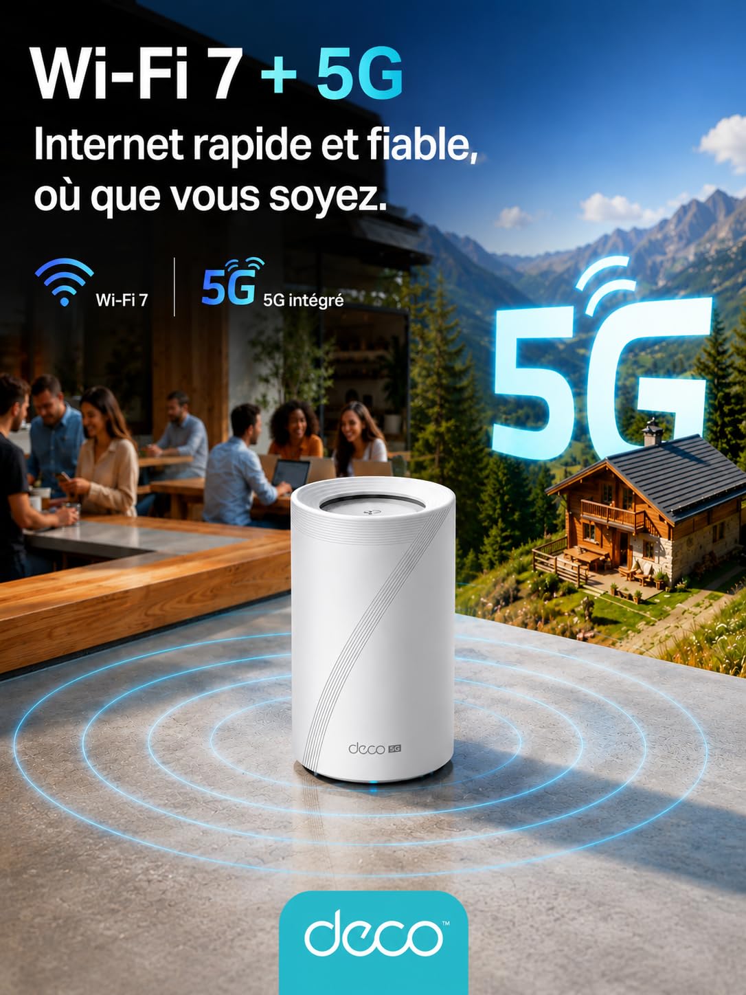 TP-Link Deco Routeur 5G Mesh WiFi 7 jusqu'à 3,6 Gbit/s, Deco BE25-5G | Nano SIM 5G, port 2,5G, réseau Deco Mesh, idéal sans box fibre, résidence secondaire ou télétravail