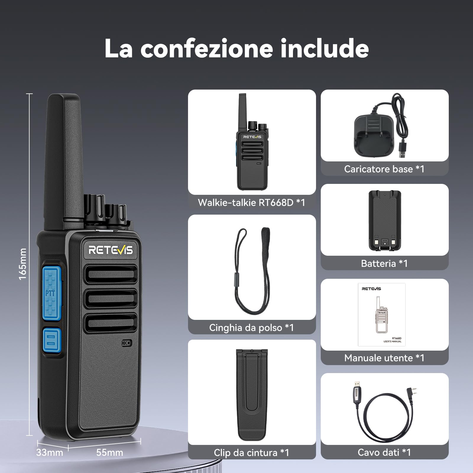 Retevis RT668D Walkie Talkie PMR 446 con Doppia Modalità Digitale e Analogica, Ricaricabile 2000mAh Tipo-C, Chiamata di Gruppo, 256 Canali, Ricetrasmittenti DMR per Negozi e Scuole (confezione da 2)