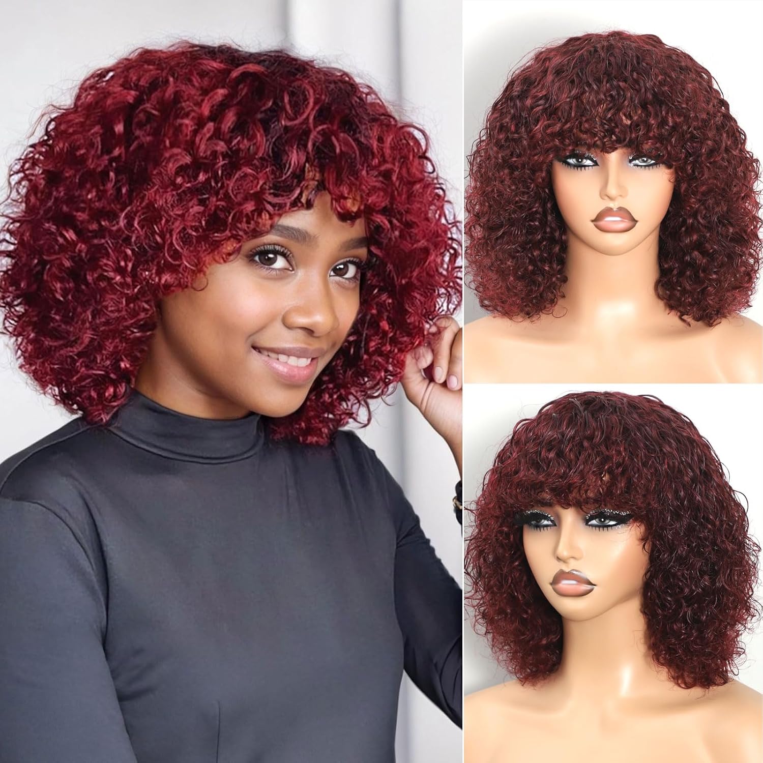 Curly Bob Wig Human Hair With Bangs Glueless 250% Density Water Wave Human Hair Wig 12Inch Curly Bob Wig Human Hair With Bangs Glueless 250% Density Water Wave Human Hair Wig 12Inch