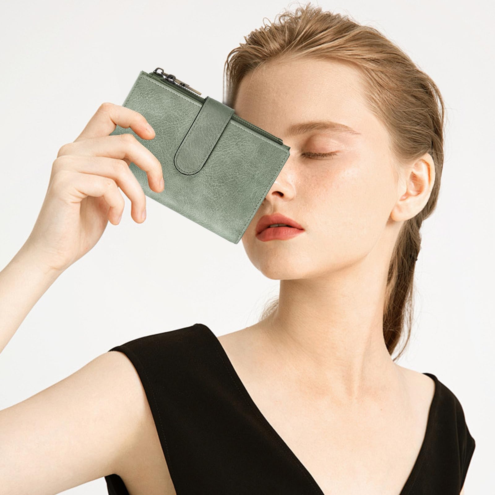 GOIACII Portefeuille Femme Cuir Moyen Porte-Cartes de Crédit RFID Double Fermeture éclair Porte Monnaie Grande Capacite avec 16 Cartes et 3 Fenêtre D'identification
