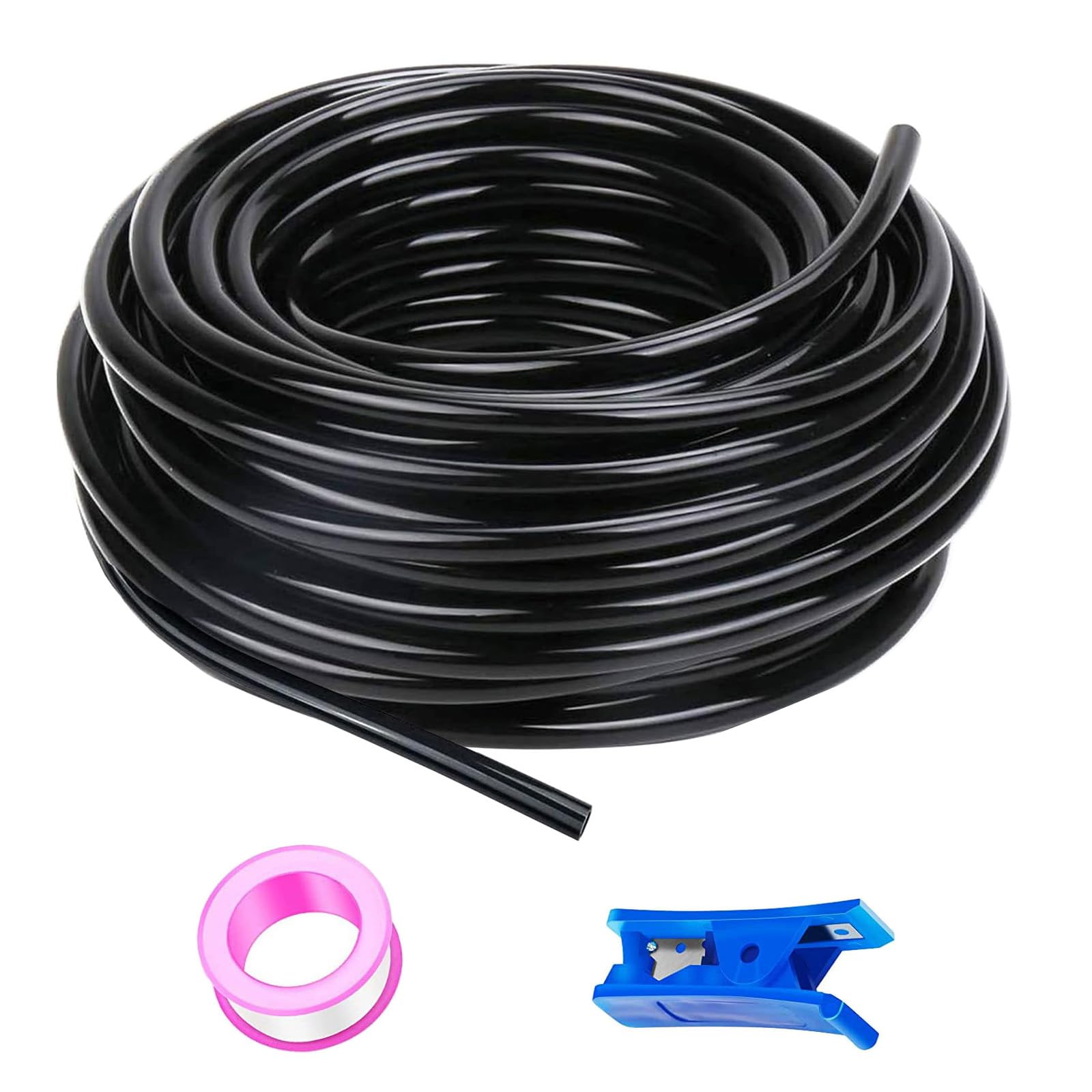 HUAZIZ 50 m Tubo neumático de poliuretano PU negro, tubo neumático de poliuretano flexible, exterior 6 mm x interior 4 mm + 1 pieza de cortador de tubo azul + 1 pieza de cinta de teflón rosa