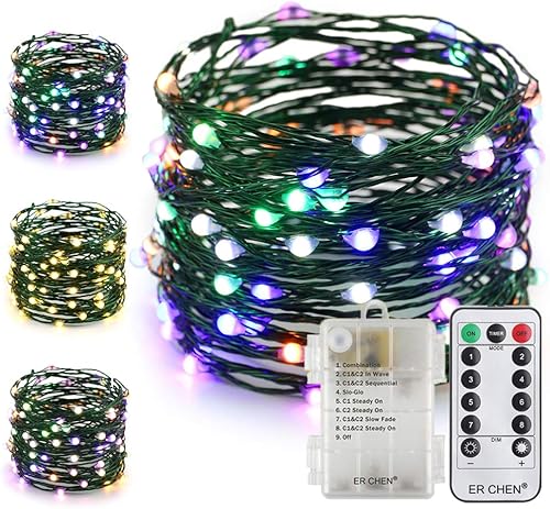 ER CHEN Cadena de luces con temporizador remoto, 100 LED que cambian de color, 8 modos, alambre de cobre verde, para decoración de dormitorio, ER CHEN Cadena de luces con temporizador remoto, 100 LED que cambian de color, 8 modos, alambre de cobre verde, para decoración de dormitorio,