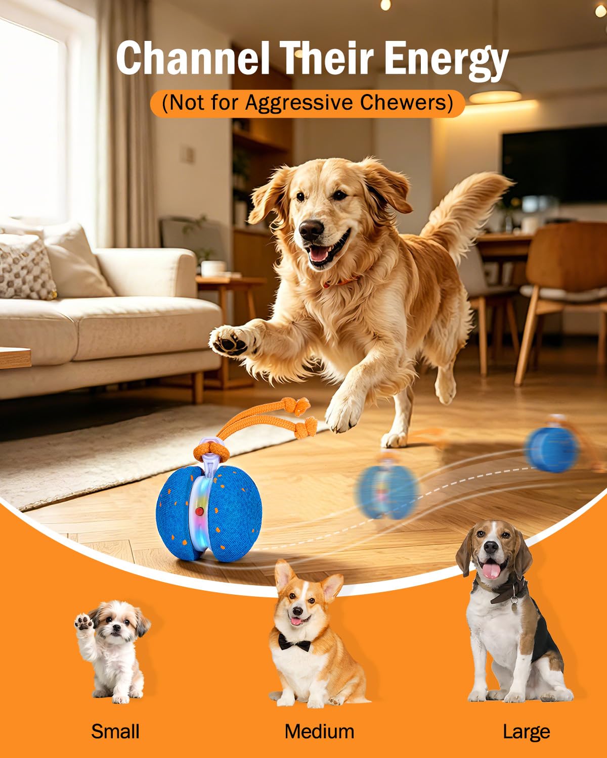osou Jouet interactif pour chien, balle roulante pour chien avec corde, 2 modes de vitesse, activé par le mouvement, coque en ETPU sans danger pour les animaux de compagnie, jouet à déplacement