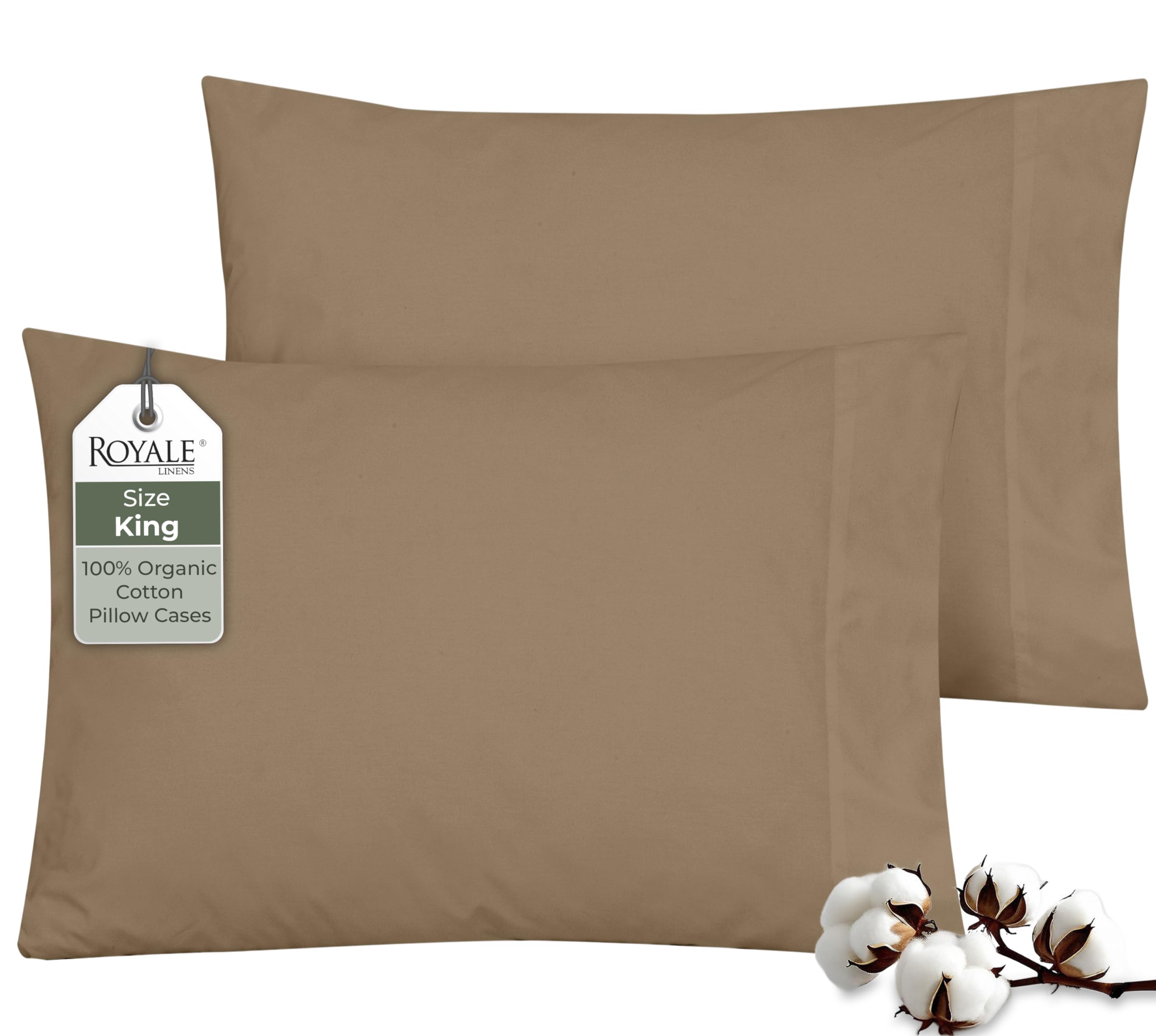 ROYALE LINENS 100% Organic Cotton Percale Pillowcases Set of 2 - King Size Percale Pillowcase - King Set of 2 Pillow Cover - Breathable, Cool &amp; Crisp Pillow Cases (20"x40", Chocolate)