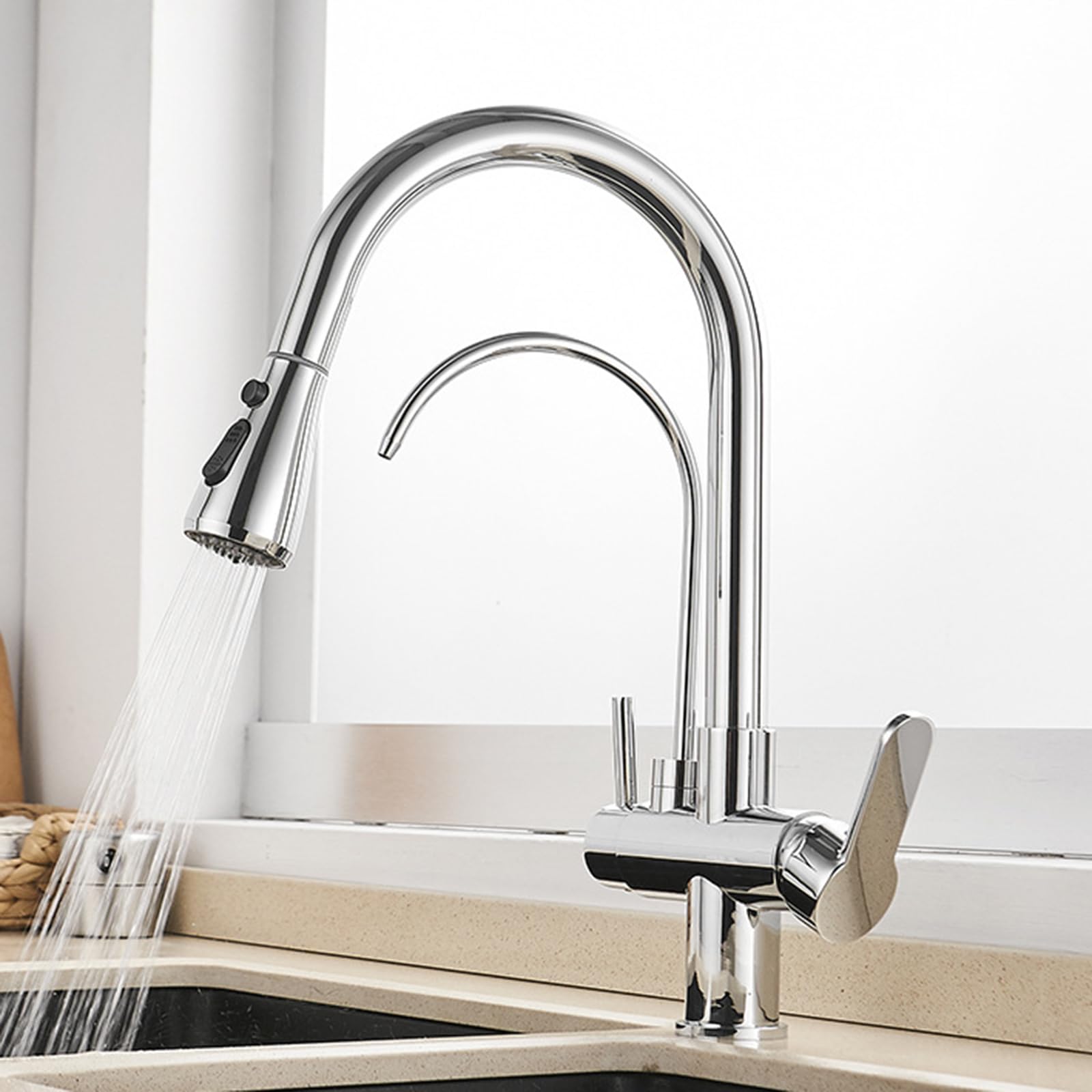Kitchen Sink Taps Mixer Waterfall 3-Way with extractable spshower tap for Purifier Purified Water Brass tap-Chrome,Black，Chrome A