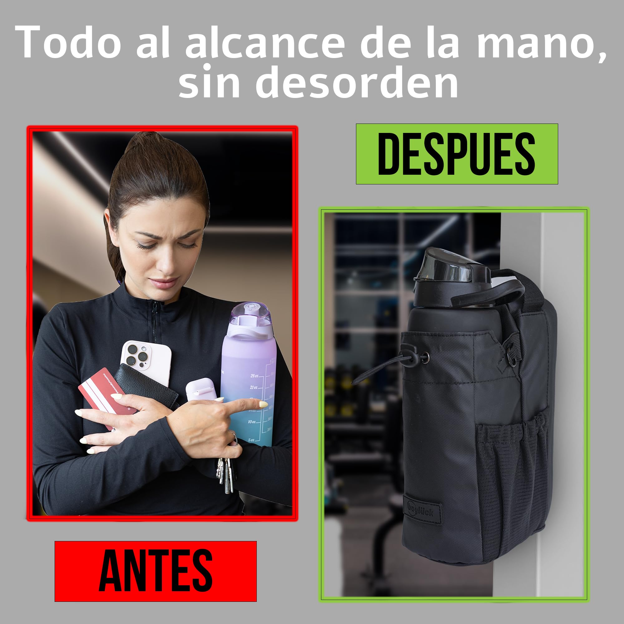 Bolsa Deportiva Magnética para Gimnasio con Soporte para Botella 1,5 L, Correa Ajustable, Negro