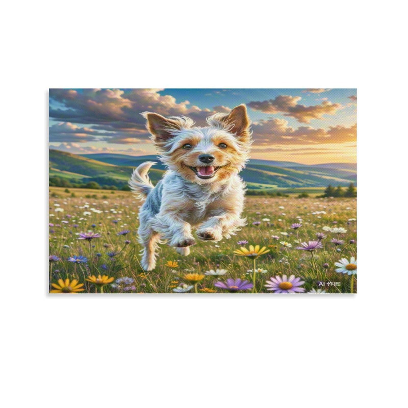 CPLVKWRQJ Sealyham Terrier Single Piece Happy Puppy Running Across Wildflower Meadow Canvas Art - Bedroom Birthday Gift Easy to Clean Canvas Painting Wall Decor 20x30inch(50x75cm)