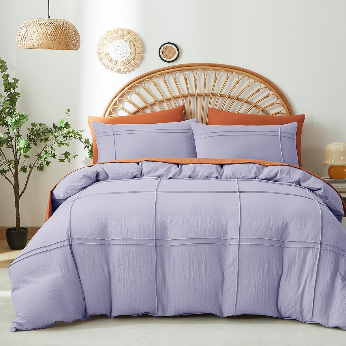 Menkala Boho Bed Linen 200 x 220 cm Purple Lilac Plain Tufted Checked