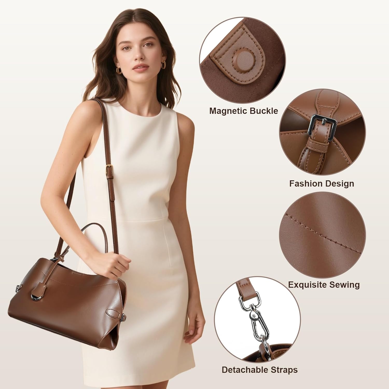 MoreFarther Genuine Leather Tote Bag for Women, Large Capacity Handbags Crossbody Bag with Removable Adjustable Strap - Image 2