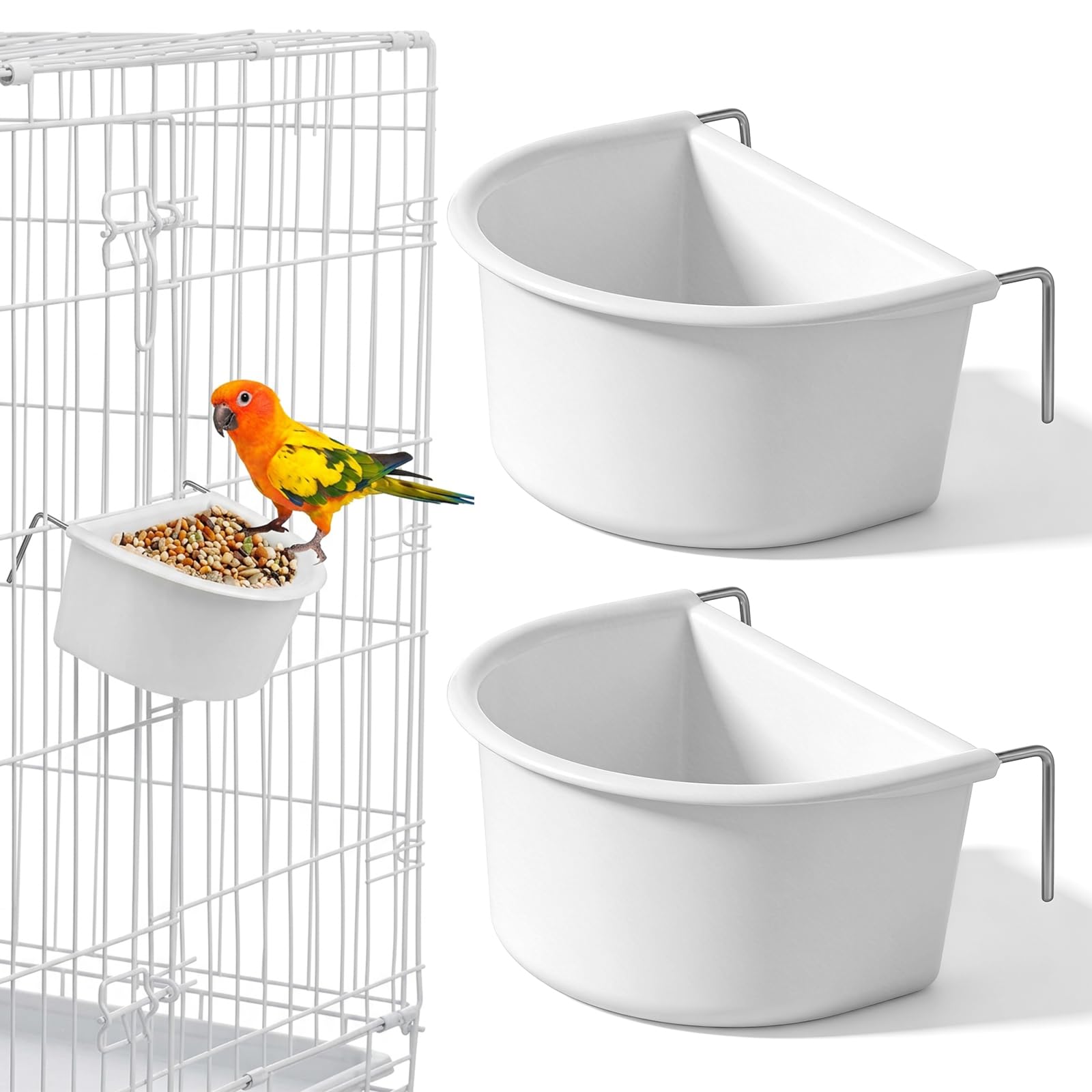 2 Pack Bird Feeder Hanging Cups Plastic Bird Food Bowls Universal Cage Accessories Water Food Dispenser for Small Birds Parakeets Birds Feeder