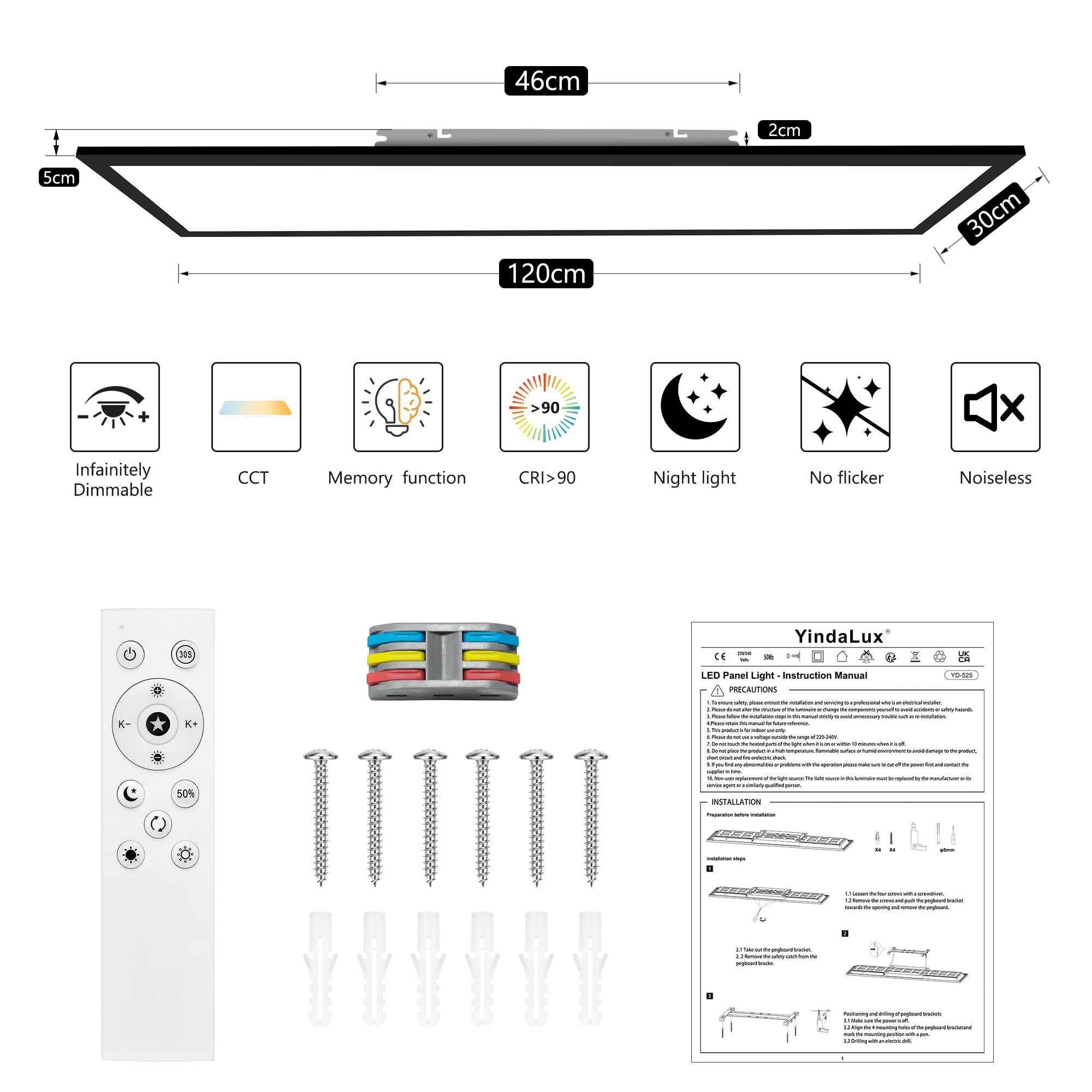 YindaLux Panel LED 120 x 30 cm, 40 W, 4000 lm, panel LED, ściemniana lampa sufitowa z pilotem, 2700 K-6500K, lampka nocna + funkcja pamięci, do kuchni, biura, salonu, korytarza, czarny
