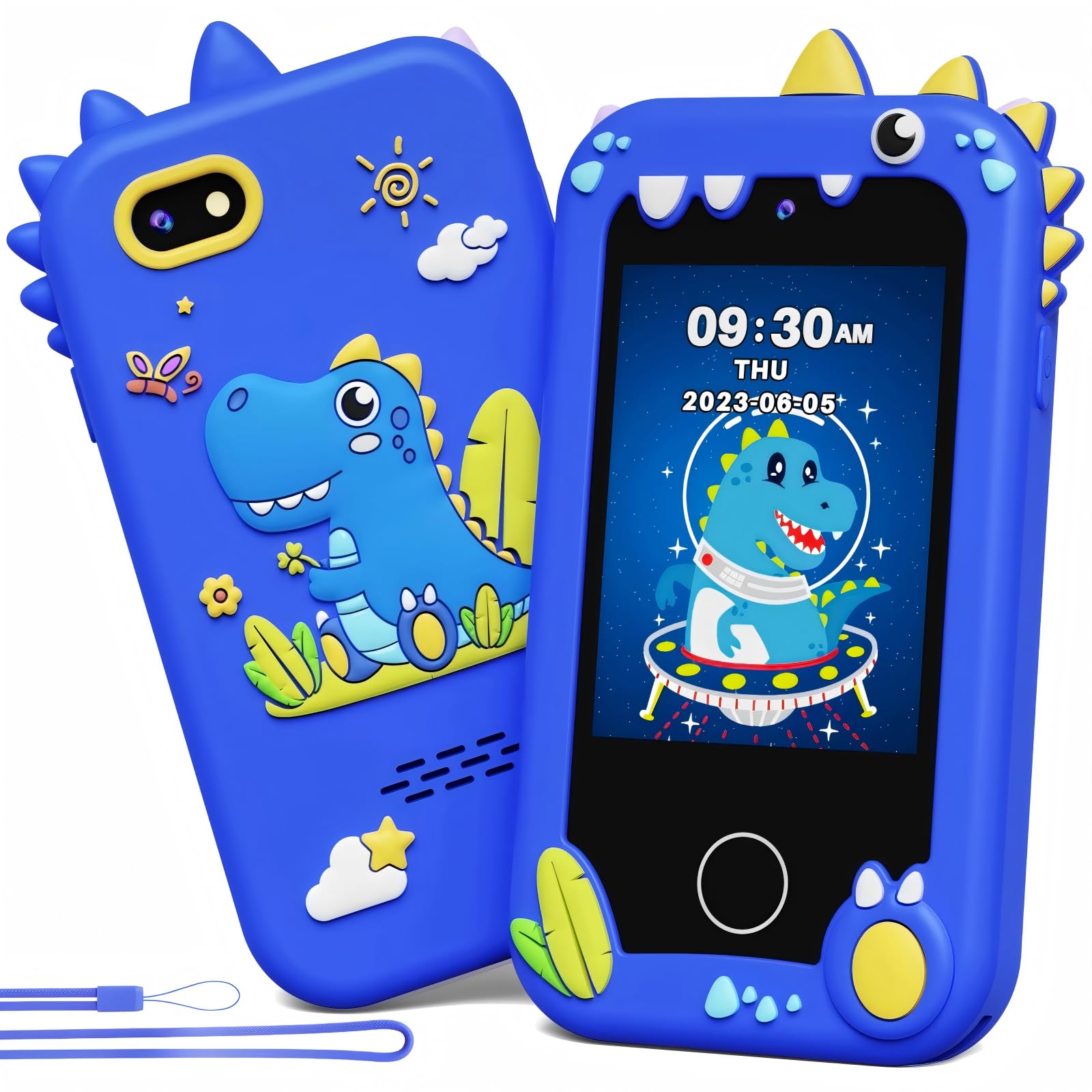 KikapabiKids Phone for Kid with Dual Camera, Toddler Educationl Kids Smart Phone for Age 3-8, Dinosaur Travel Toys for Christmas Birthday Gifts for 3 4 5 6 7 8 Years Old Boys (Blue)