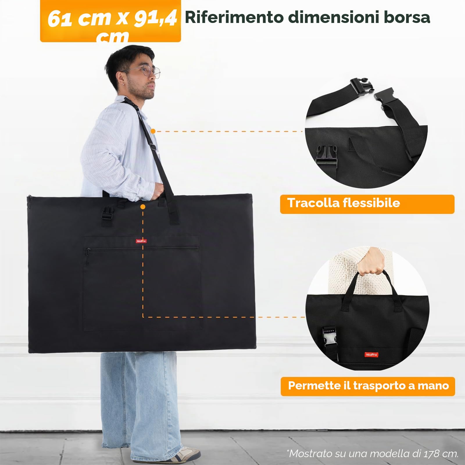 Nicpro Grande formato Art Portfolio Tote 65 x 95 cm Nero, Impermeabile Nylon Morbido Artista Storage Case per Poster Sketching, Disegno, Opere D'arte
