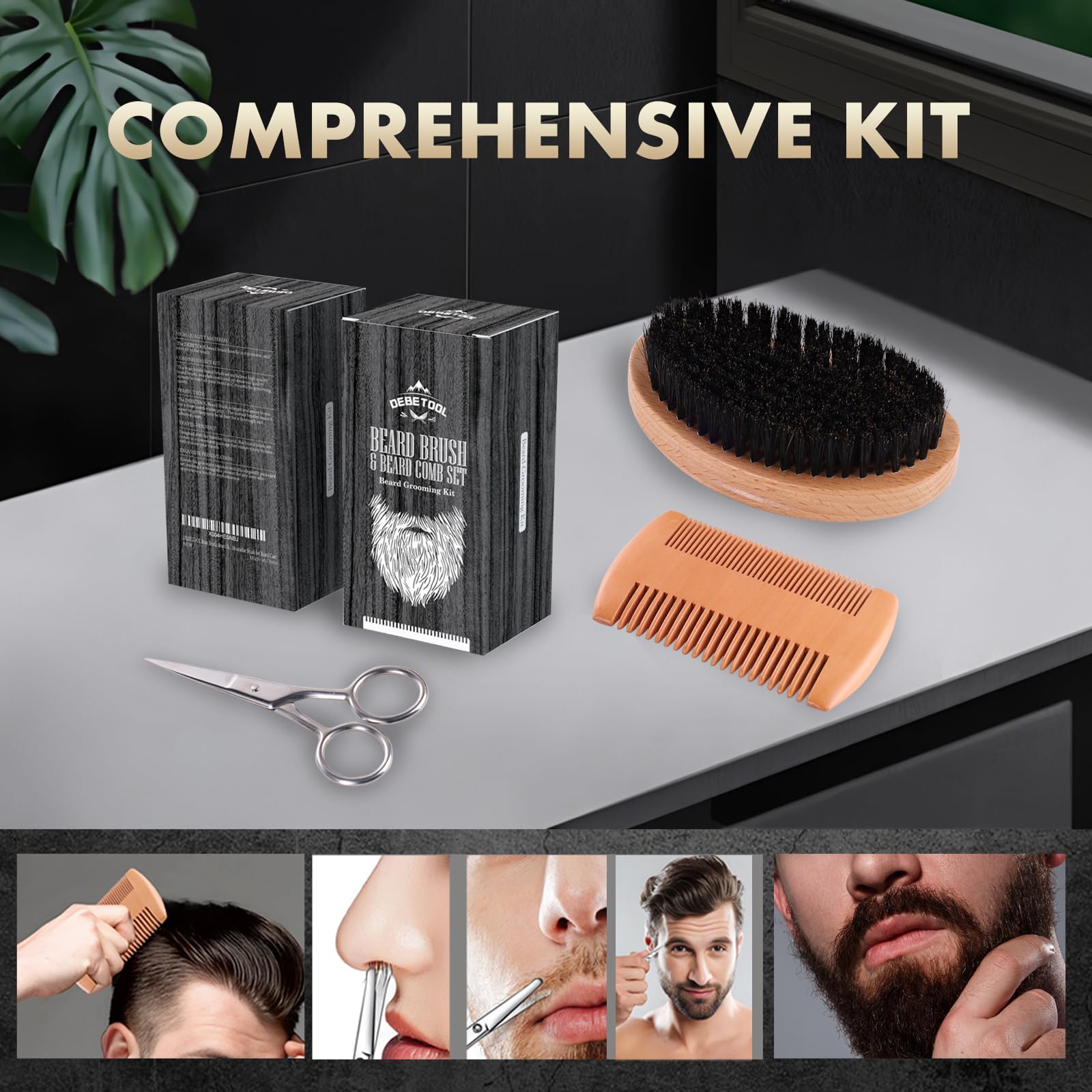 DEBETOOL Spazzola da barba da uomo con setole di cinghiale, set di spazzola e pettine in legno con forbici da barba, spazzola tascabile da viaggio per baffi in legno per la cura della barba