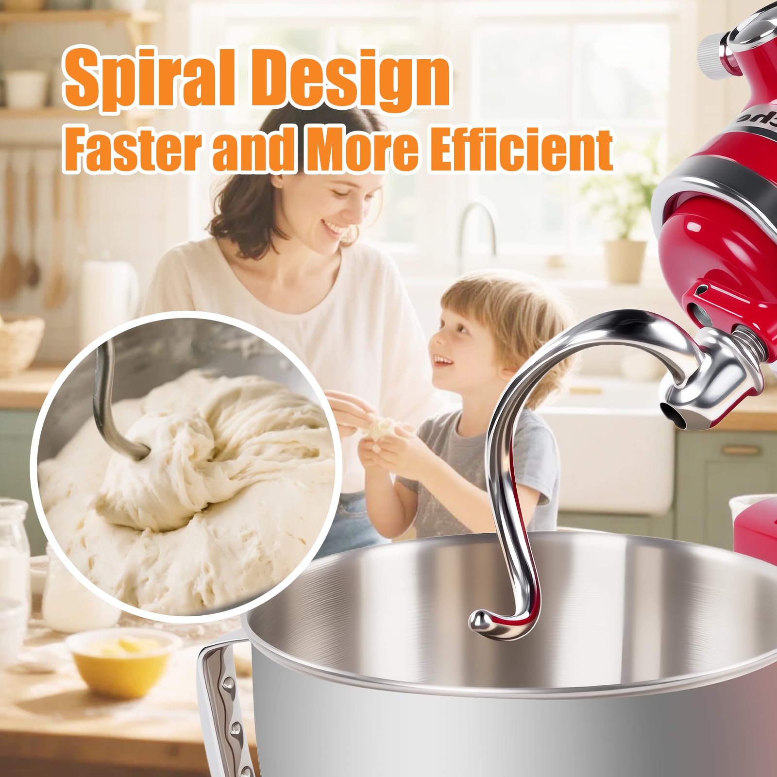 Spiralny hak do mieszania ze stali nierdzewnej, kompatybilny z blenderami Kitchen Aid o pojemności 4,5-5 litrów z odchylanym pokrywem, efektywne mieszanie, odporny na mycie w zmywarce