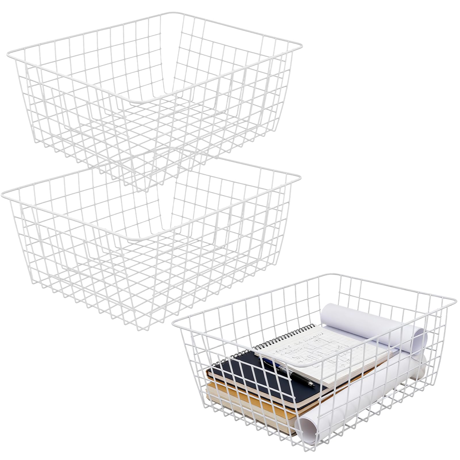 SINJEUN 3 unidades de 36 x 29 x 15,5 cm, cesta de alambre blanco, cesta de almacenamiento, para congelador, cesta de rejilla, cesta de alambre rectangular para cocina y congelador
