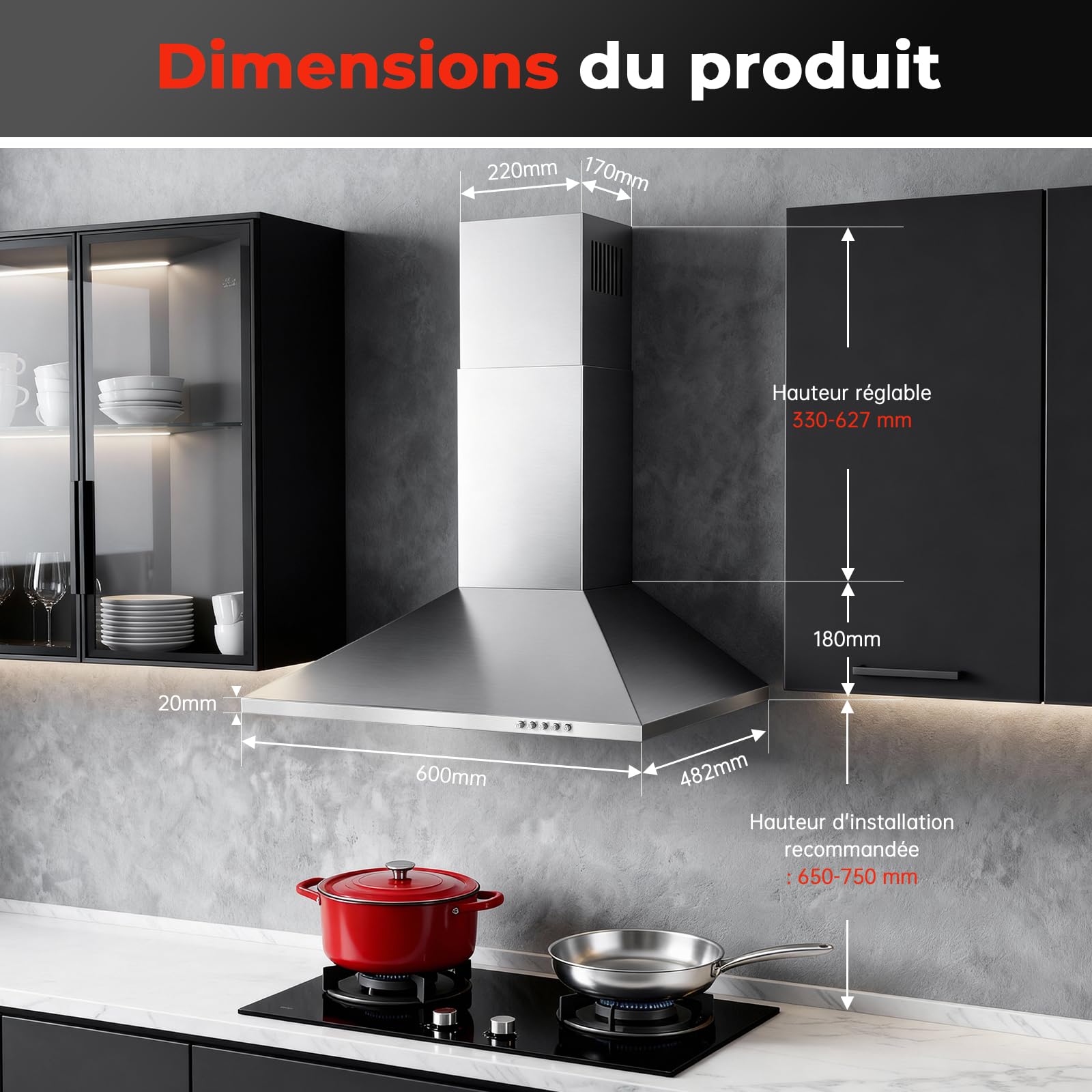Hotte Aspirante 60cm 450m³/h Classe A+++ Inox 3 Vitesses Éclairage LED Filtre à Charbon Inclus