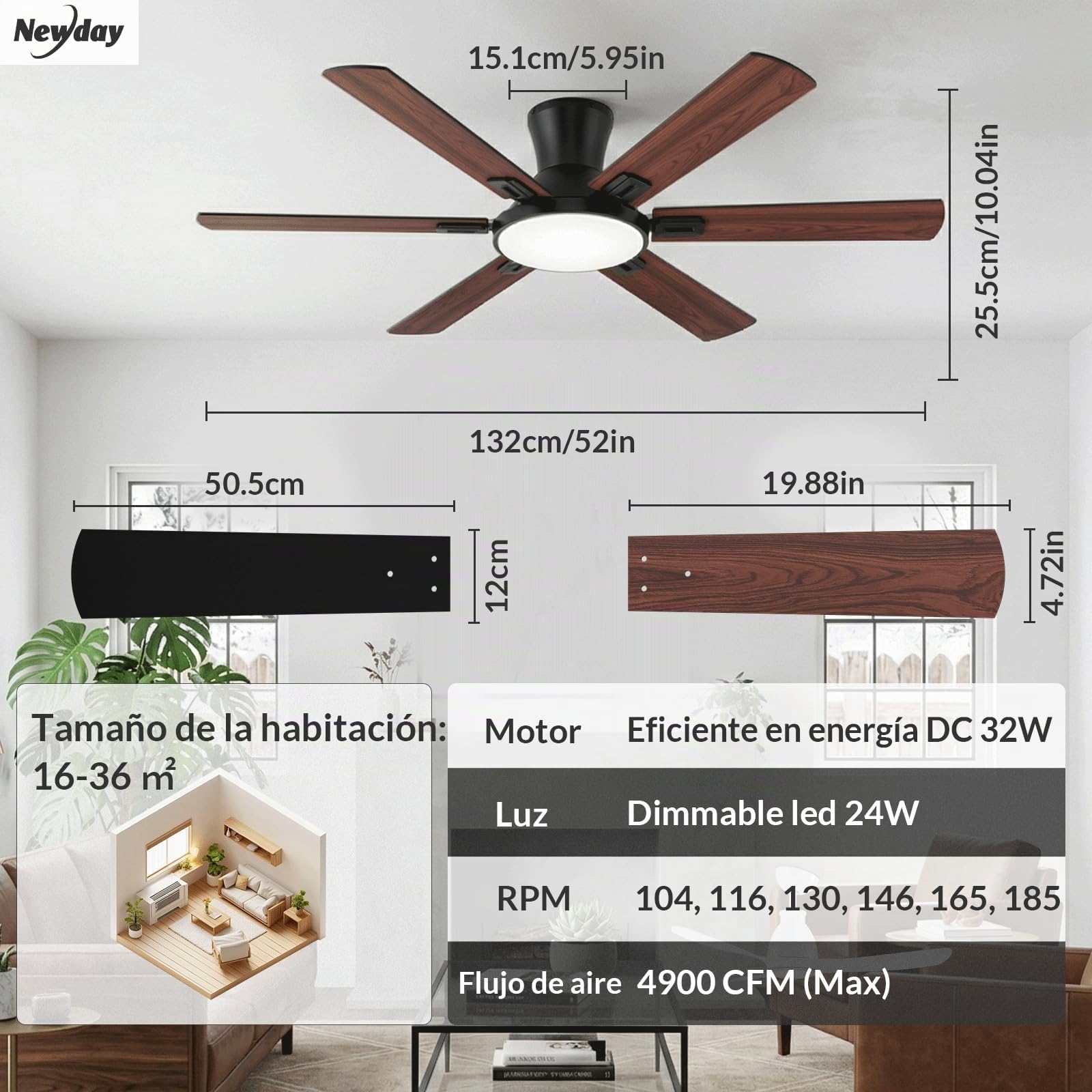 Newday 132cm Grande Ventilador Techo Madera con 6 aspas con Luz y Mando | Lampara Dimmer sin Pasos, Modo de Sueño, Función Memoria, Reversible Motor DC Silencioso, Montaje a Nivel