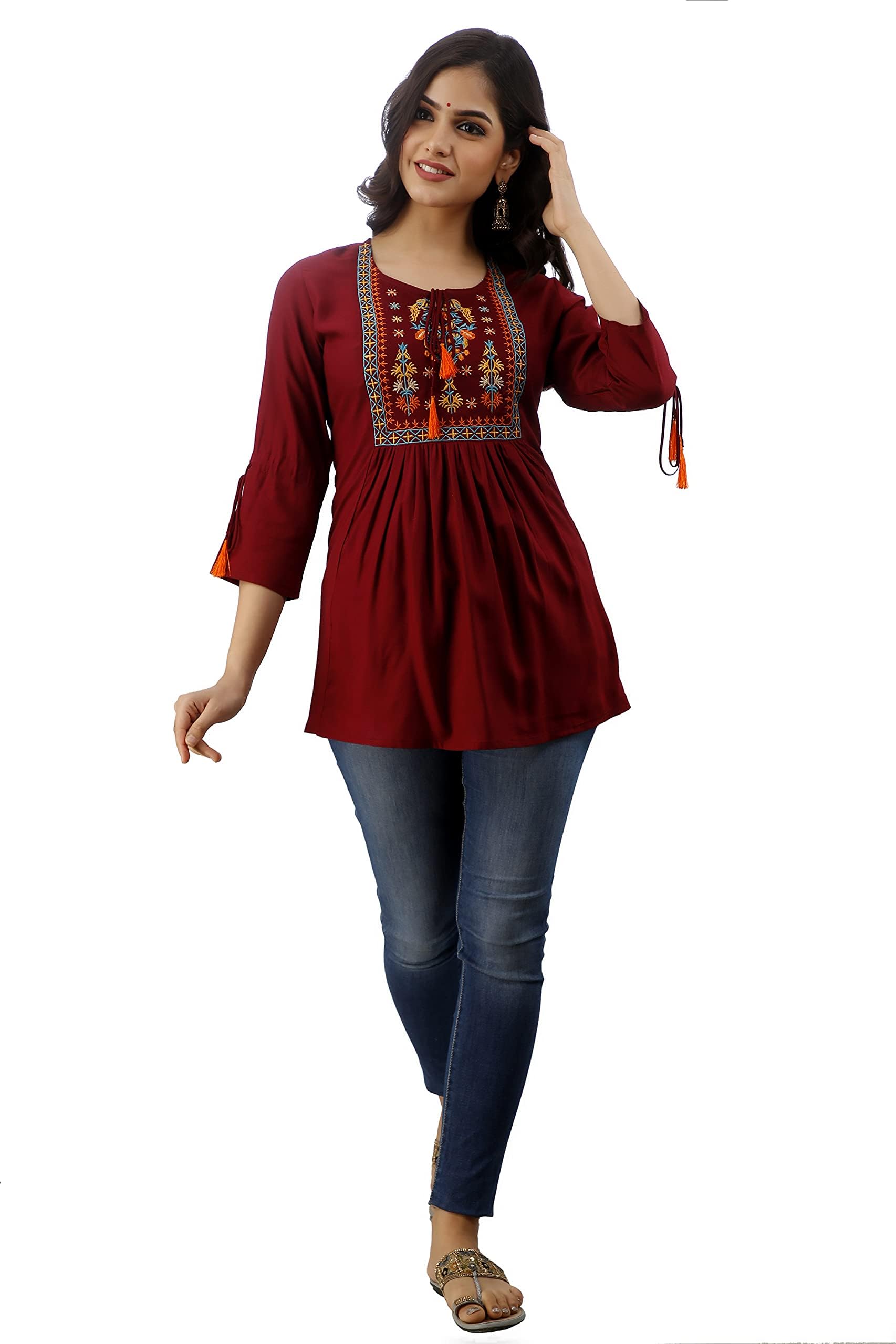 Women's Rayon Embroidery Work Top with Tasseles at Front and on Both Sleeves.(Maroon)