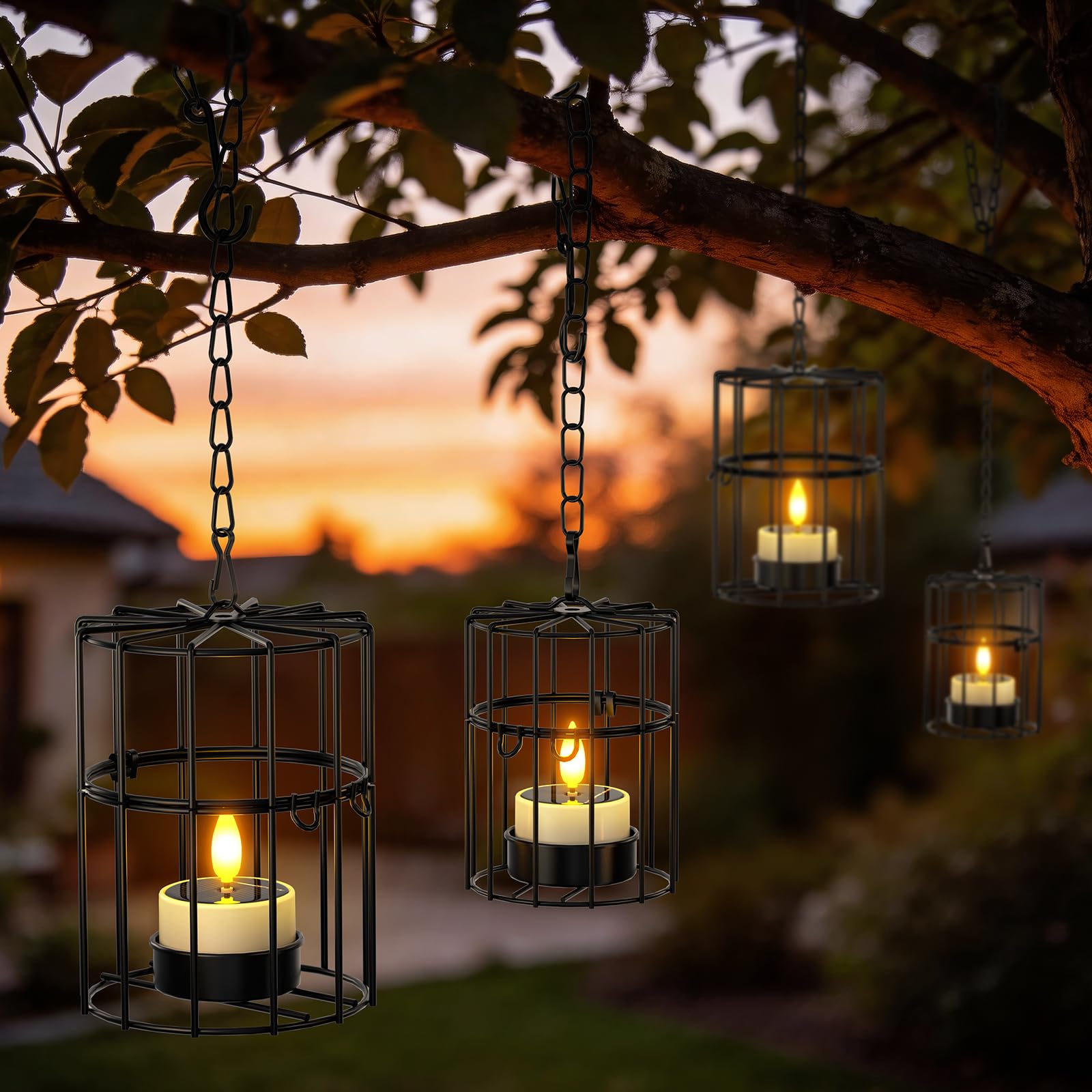 PChero Set di 4 lanterne solari sospese per esterni, impermeabili, 2 grandi, 2 piccole lanterne rustiche in metallo con tremolante, candele solari per esterni, giardino, terrazza, balcone, decorazione