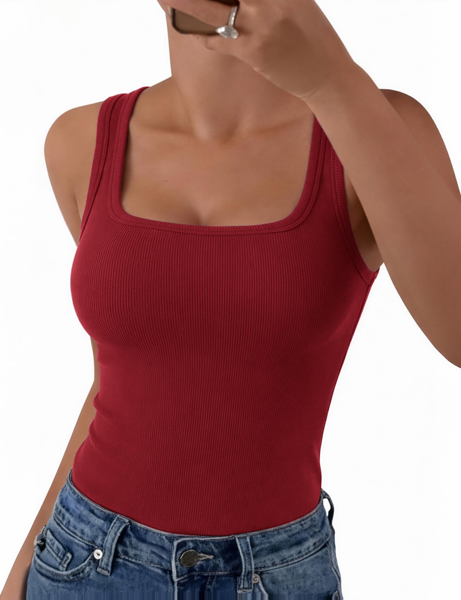 Aottori Camiseta sin Mangas Mujer Verano Cuello Cuadrado Tops Ajustado Elástico Camisetas Tirantes Elegante Punto Tank Top Sólido Básica Chalecos Top — view 11