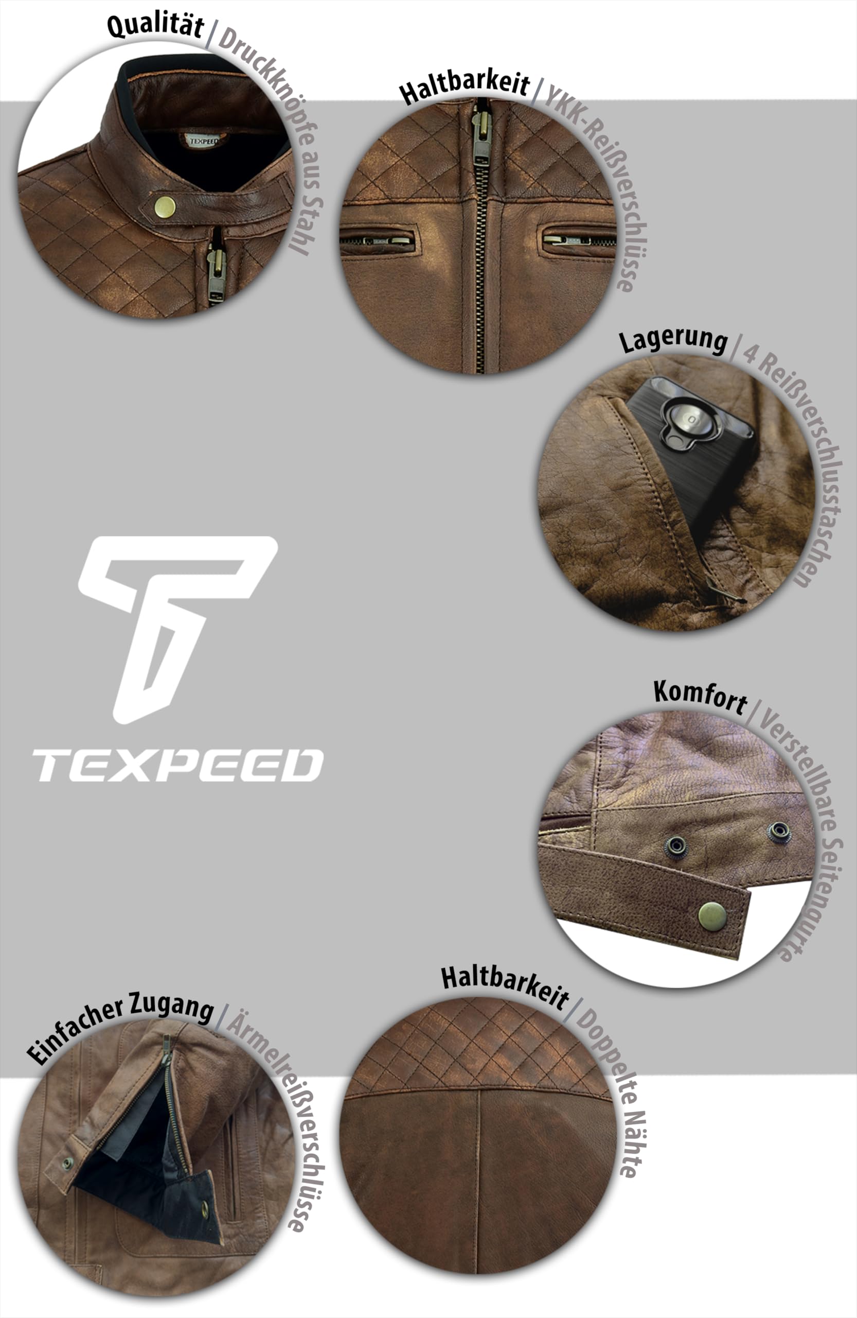 Texpeed Braun Motorrad lederjacke herren mit protektoren - Leder mit Rautensteppung - Motorrad Mit Original Biker Rüstung (EN 1621-1) Schutz XL | EN 17092 Motorradverstärktes Kleidungsstück, EN 1621-1 [Level 1] Flexible Biker-Rüstung, echtes Rindsleder, d