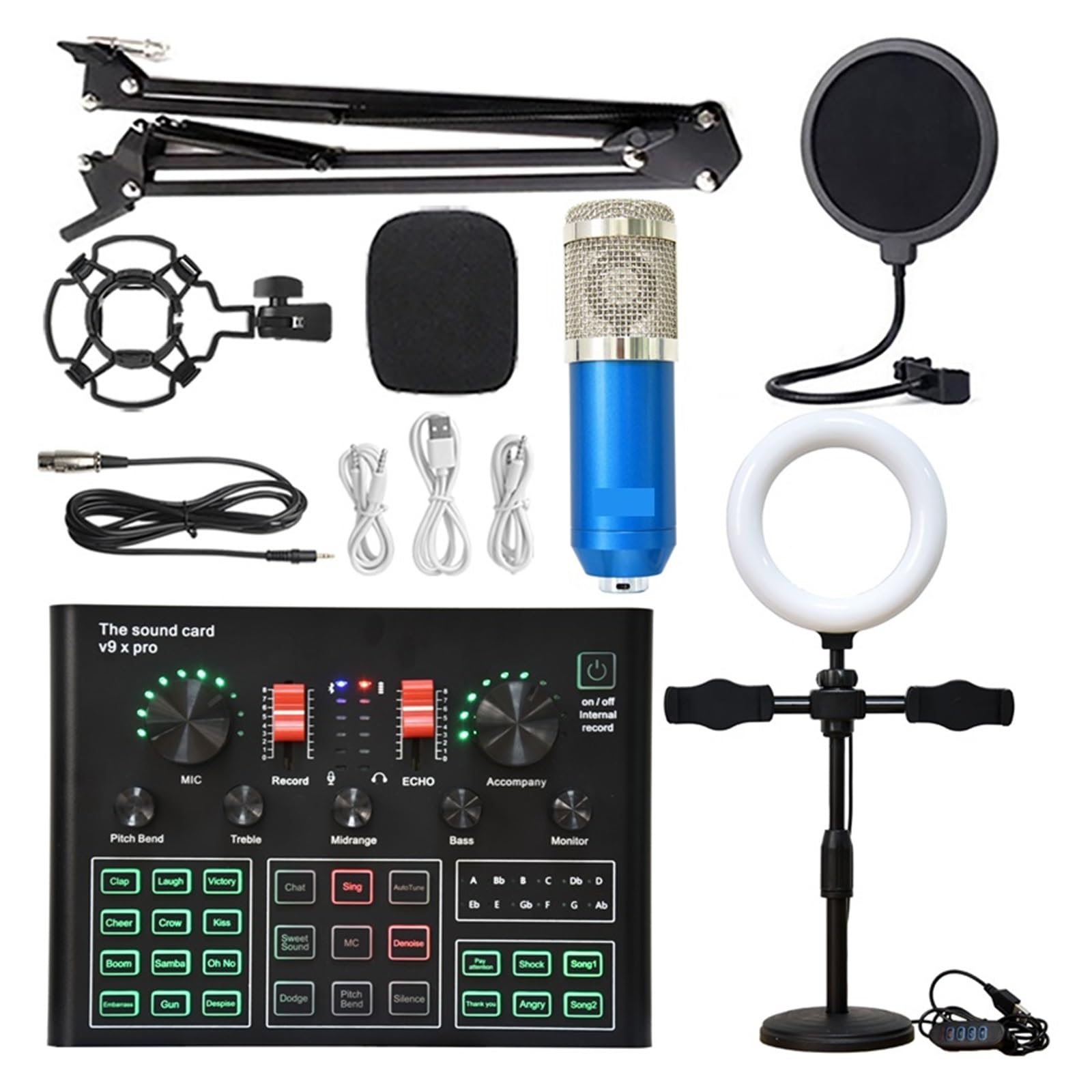 Kit Scheda Audio Professionale a condensatore Micro Bluetooth Scheda Audio Wireless per Karaoke con Staffa a sbalzo Luce di riempimento Studio Setup per la Registrazione di Musica