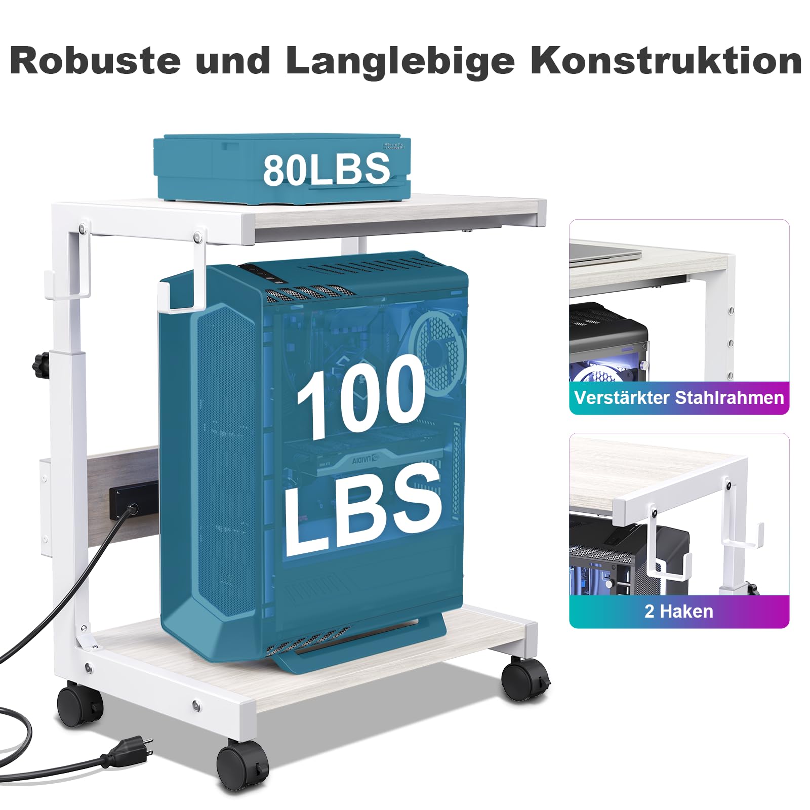 Höhenverstellbarer PC Ständer mit Rollen, 2 Haken, 2-stufig