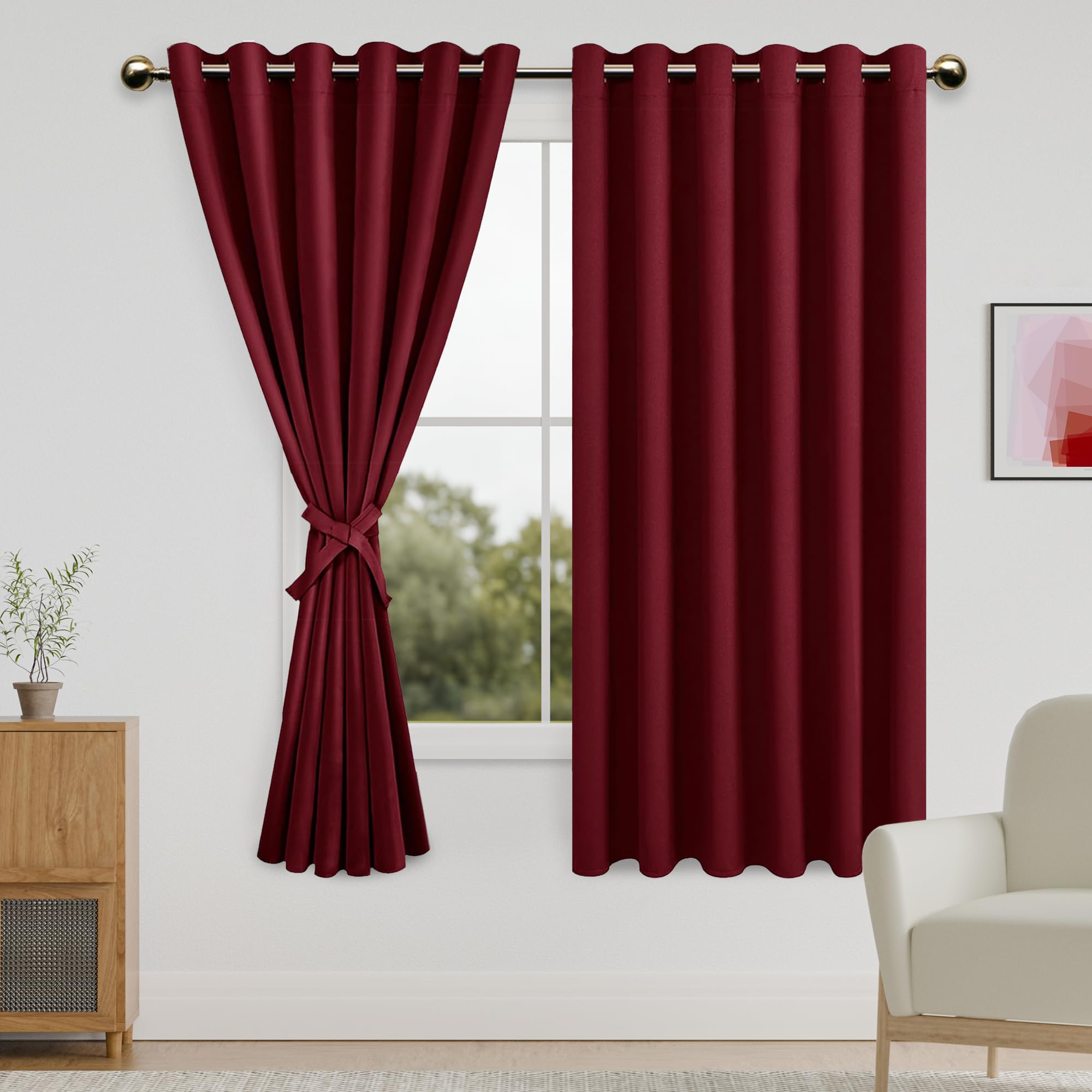 DWCN Christmas Blackout Curtains with Tiebacks - Thermal Insulated Privacy Protection Grommet Window Curtains for Living Room Bedroom, 70 x 63 inch Length, Burgundy, Set of 2 Panels — image 1