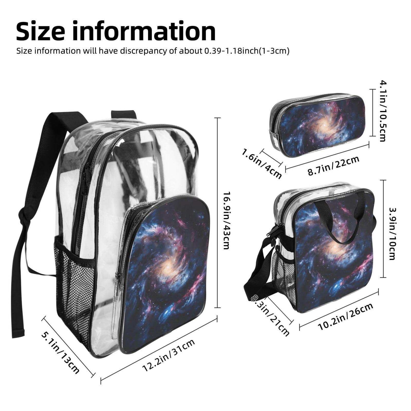Galaxy Print - Zaino trasparente per scuola, viaggi, viaggi, viaggi, viaggi, viaggi, viaggi, concerti, 3 pezzi
