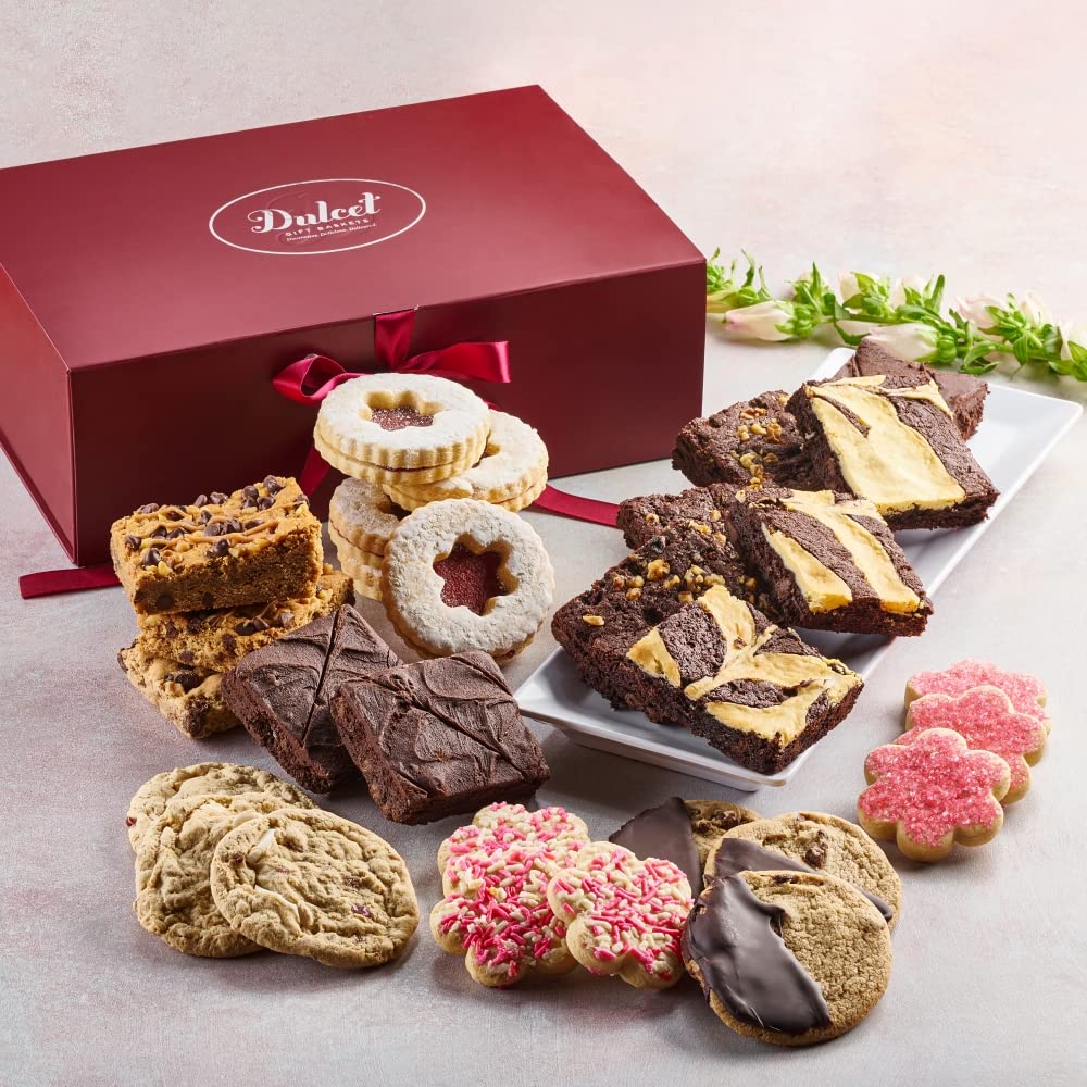 Dulcet Gift Baskets Mothers Day Pink Flower Cookie Basket — Fresh Baked Cookies & Fudge Brownies, Great Gift for Mom, Grandma & Sister