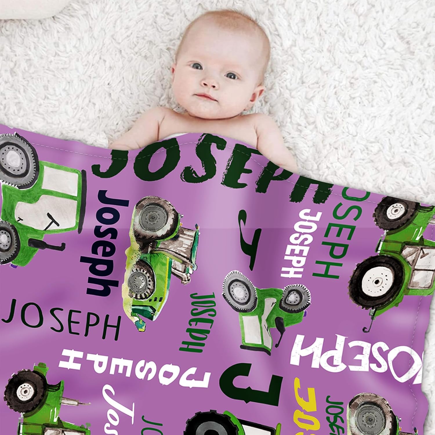 Personalized Tractors Blanket - Custom Name with Farm Tractor Trucks Design - Soft Plush Flannel Bed Blanket for Baby Kid Teen Boys Girls Customized Gifts Purple