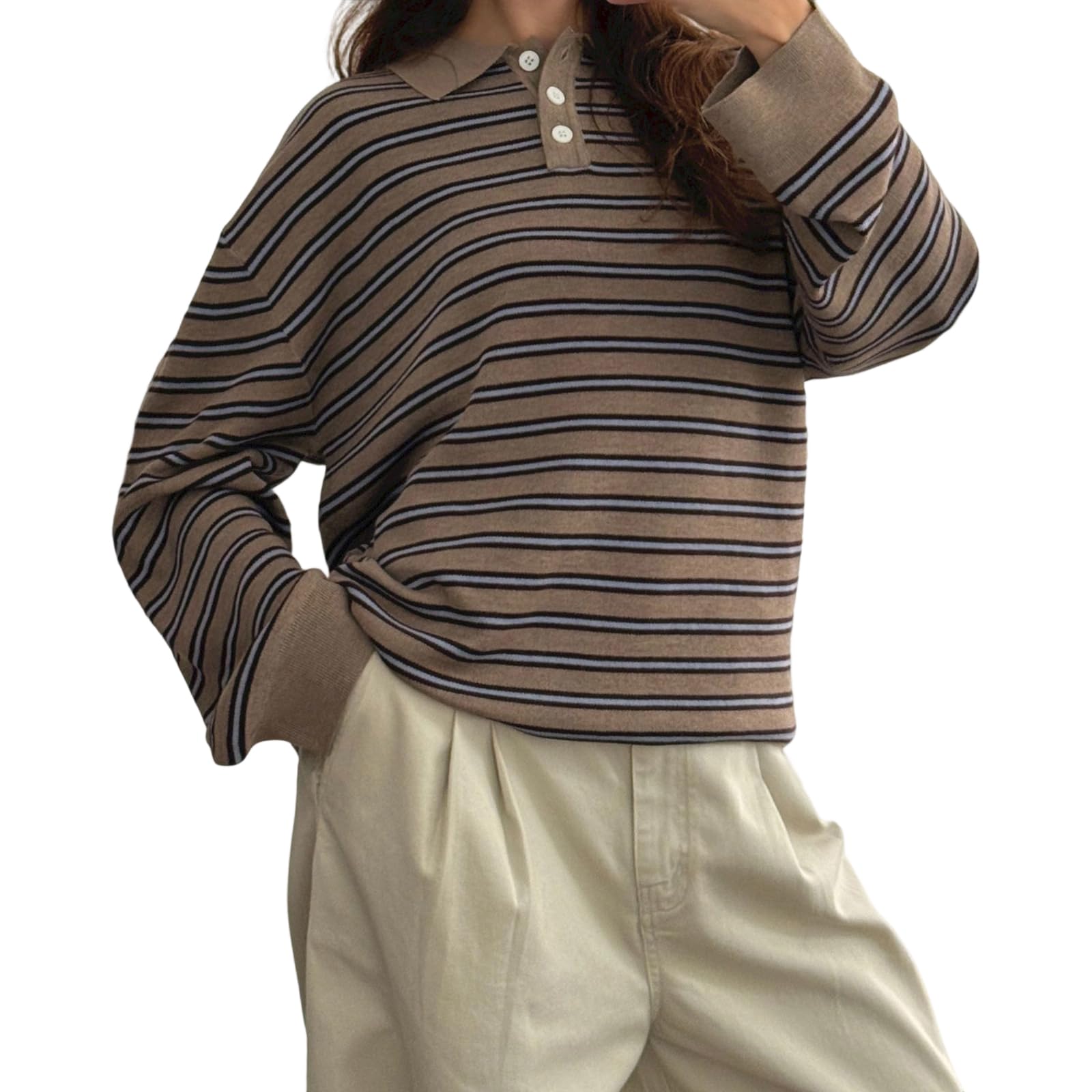 Womens Rugby Polo Sweater Shirt Striped Long Sleeve Lapel Collar Knit Pullover Y2k Oversized Rugby Sweatshirt Fall