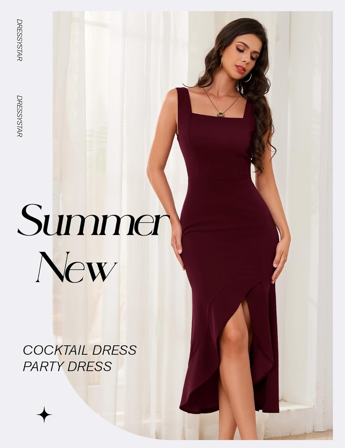 Dressystar 2026 Women’s Square Neck Midi Bodycon Cocktail Dress Sleeveless Sexy Slit Ruffle Formal Wedding Guest Dresses - Image 3