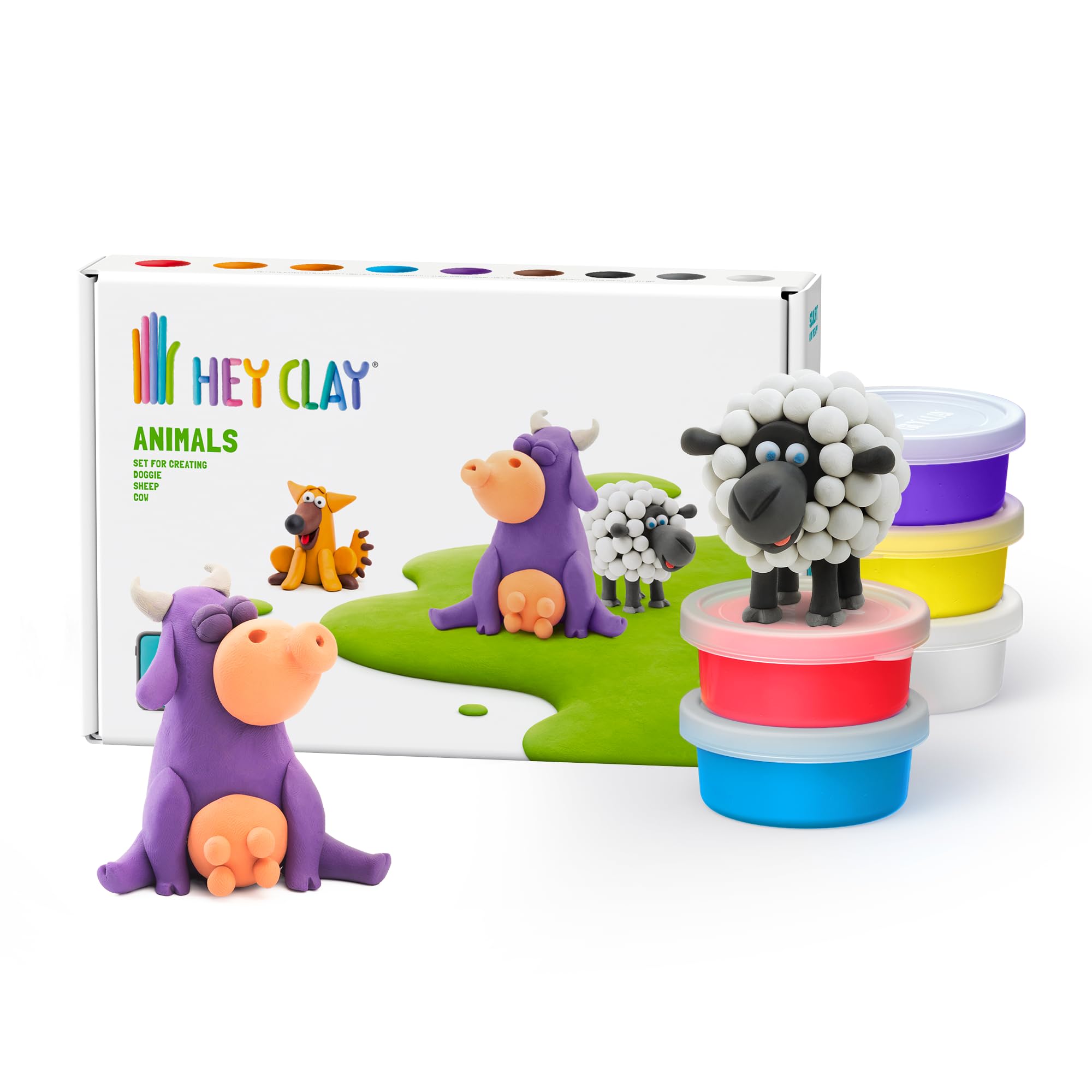 Hey Clay - DIY Animals: Cow, Doggie, Sheep Plastic Creative Modelling Air-Dry Clay For Kids 6 Cans
