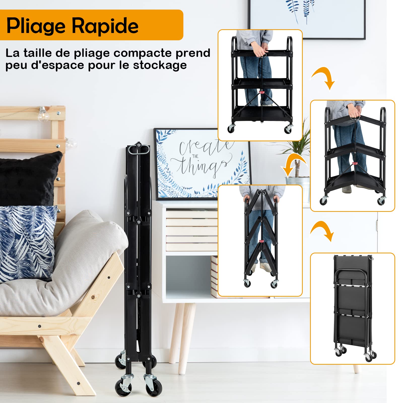 GOPLUS Desserte à roulettes Pliable, Chariot Roulant 3 Niveaux, pour Maison, Bureau et Entrepôt, 61 x 44 x 96 CM