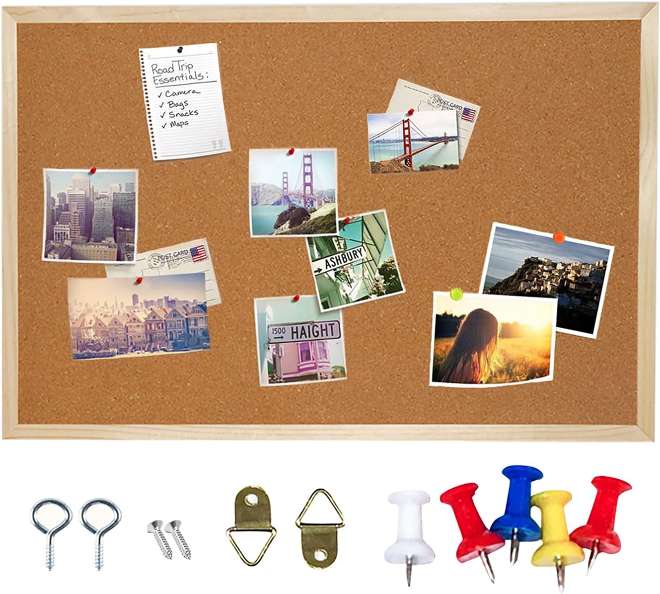 Cork bulletin board, doublesided cork board hanging notice board wood