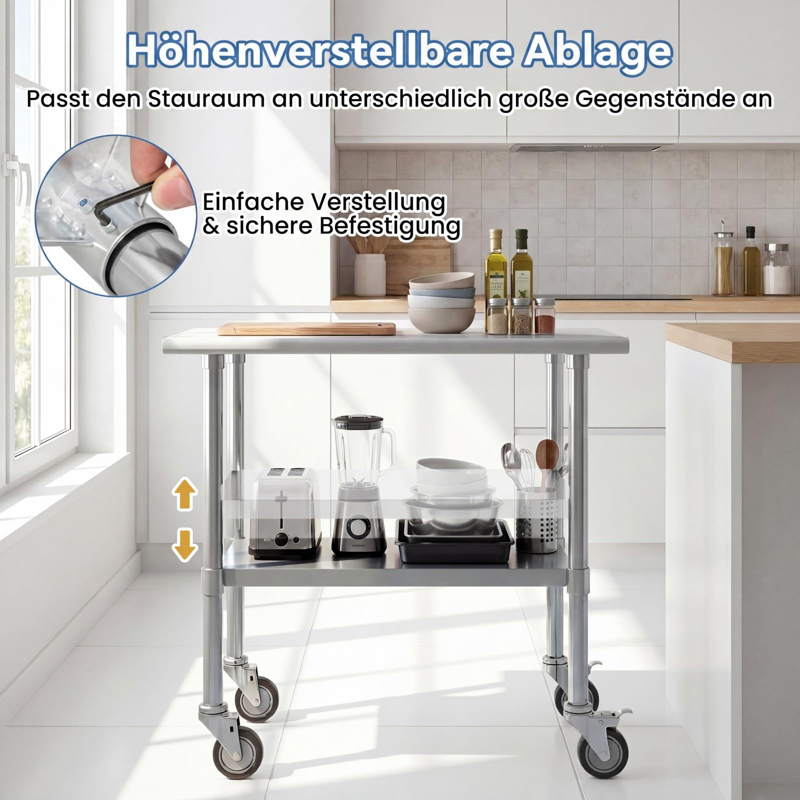 GIANTEX Edelstahl Arbeitstisch Edelstahltisch mit Rollen, Küchentisch mit höhenverstellbarer Ablage, 2 Ebenen, 91,5 x 61 x 88,5 cm, Küche Lebensmittel Zubereitungstisch, für Küche Bar