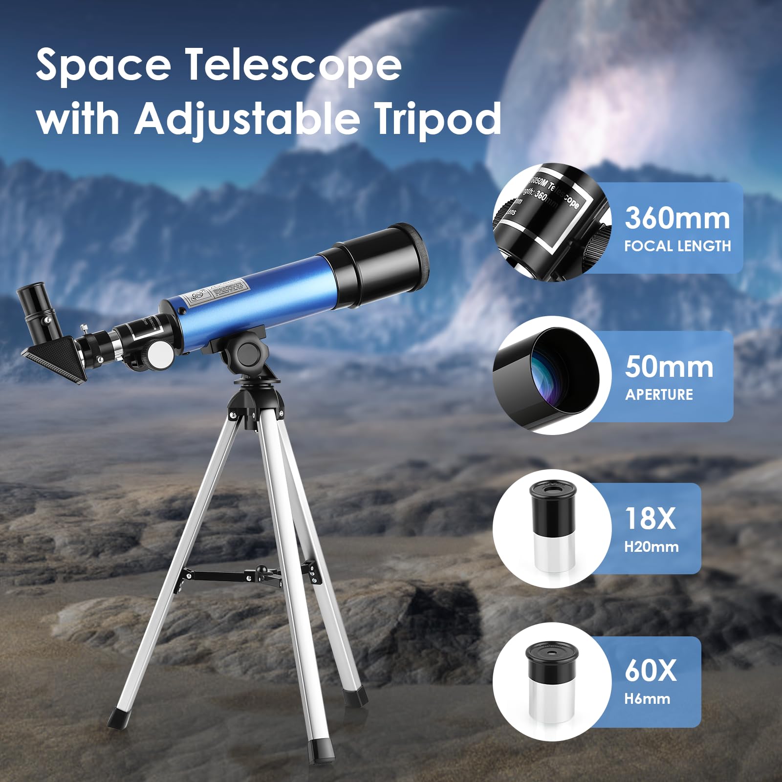 Cowiewie Télescope Astronomique d'Entrée de Gamme 360/50 mm HD Réfracteur Portable pour Observation Céleste - pour Enfants/Adultes/Débutants