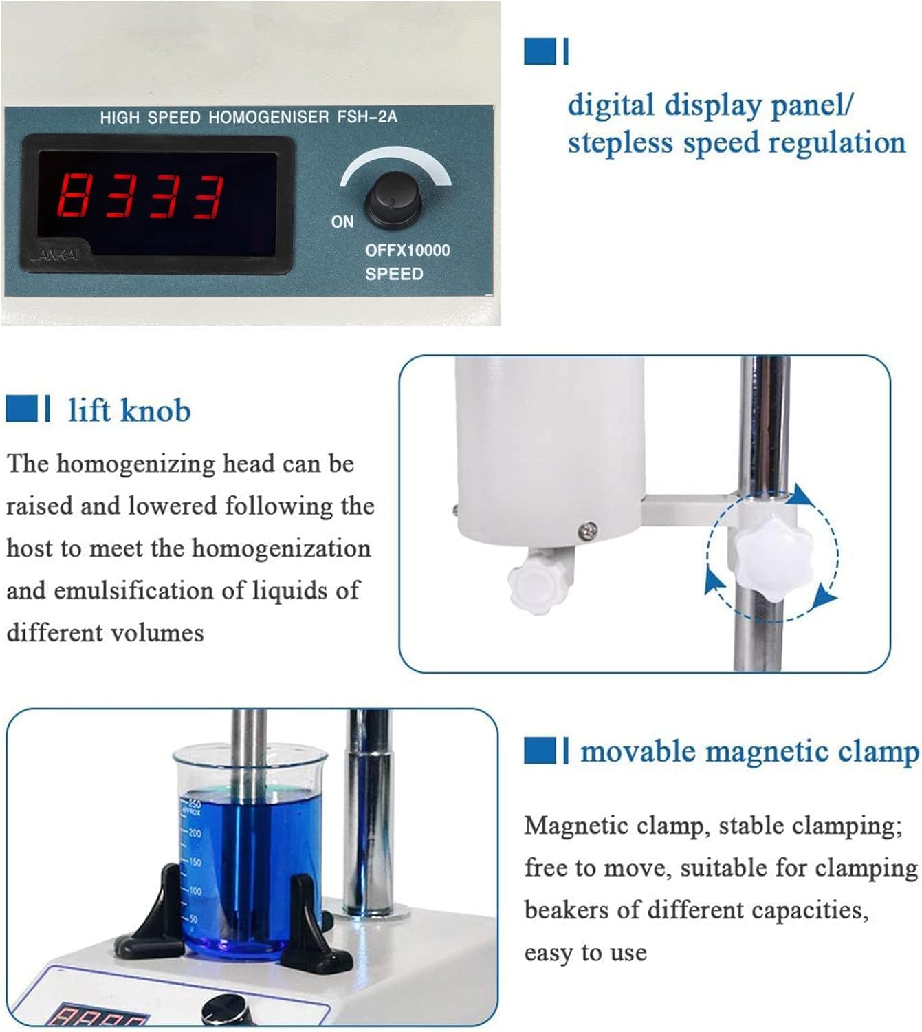 Dispersor-homogeneizador de laboratorio de alta velocidad ajustable (8000-22000 rpm) para volúmenes de 5 a 1000 ml con 2 cabezales de trabajo.