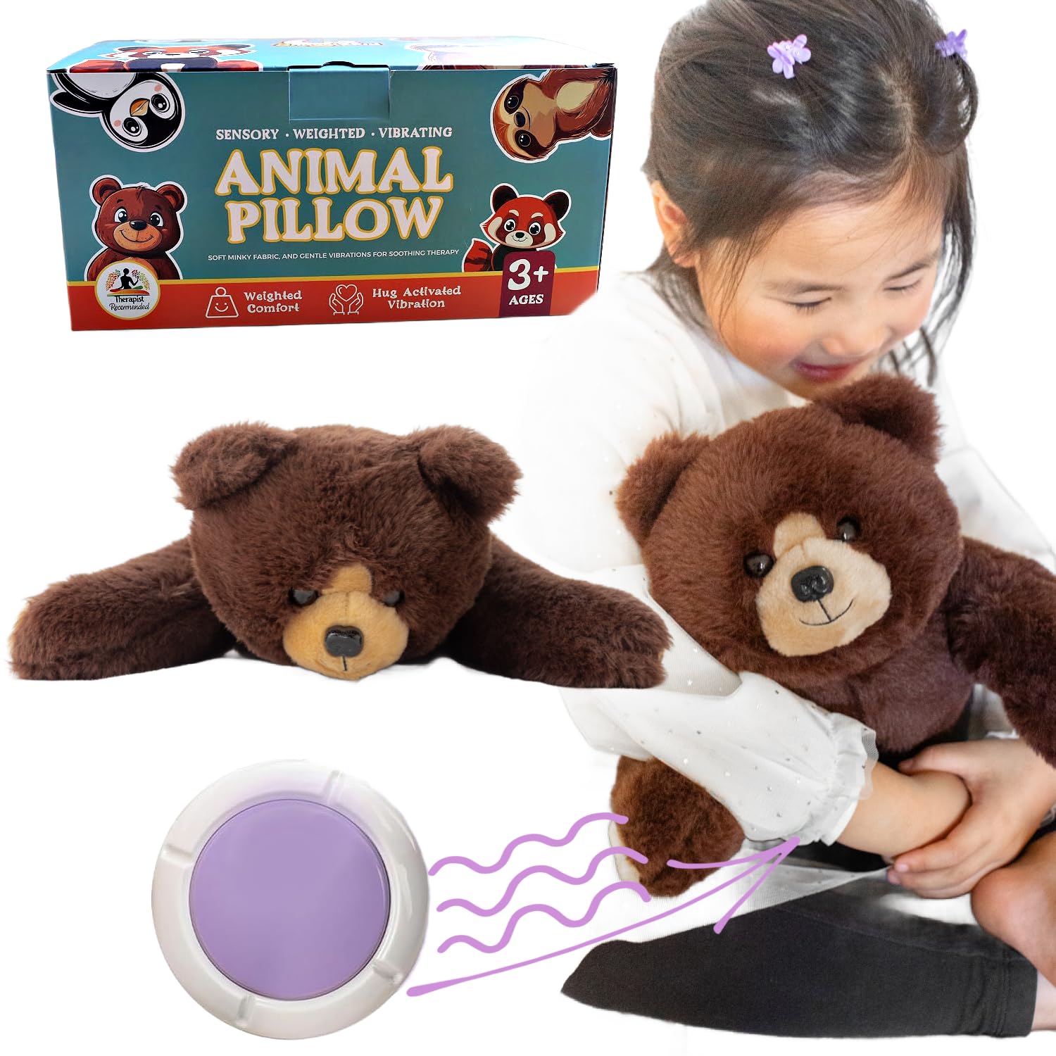 Lunapuer Bear Sensory Weighted Vibrating Pillow, Pressure Activated for Kids Adults, Plush Minky Soft Size: 11 by 20 inches Pillow Animal, Calming Therapy for Focus and Balance for Gift Birthday