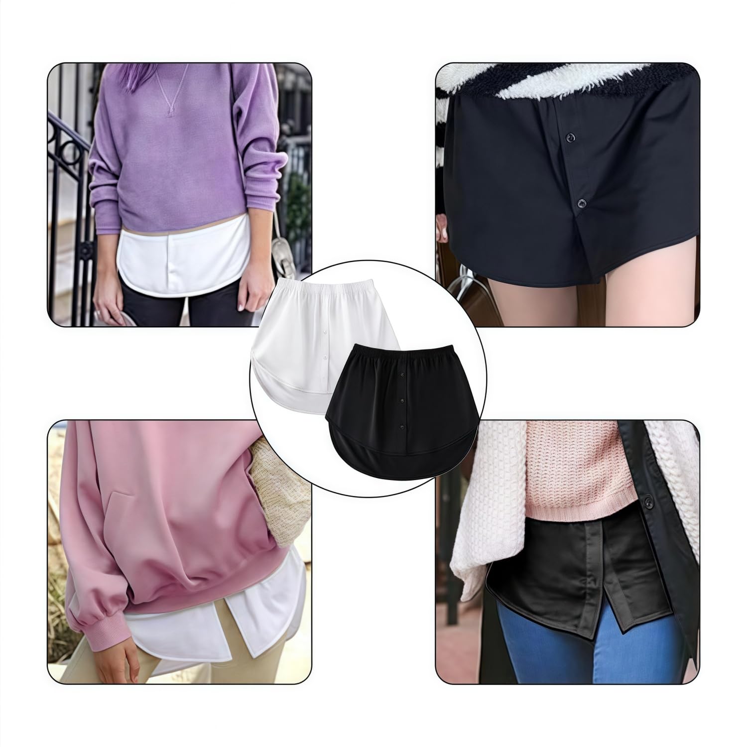 Chemise Extender Mini Jupe,2 Pièces Rallonge de Chemise Ajustable pour Femme,Extension de Chemise à Taille Elastique pour Pull,Sweat,Veste,Manteau(Noir,Blanc)