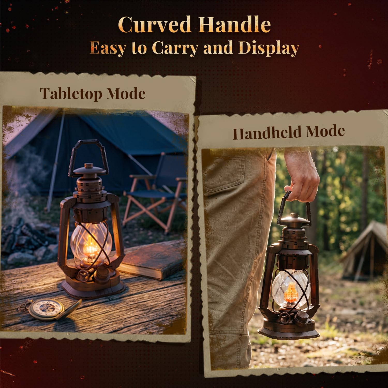 PANTASY Vintage Kerosinelamp met Licht, Bouwset voor Volwassenen | Retro model z klocków z efektem migoczącego płomienia, miedzianym wykończeniem i stylem dla kolekcjonerów.