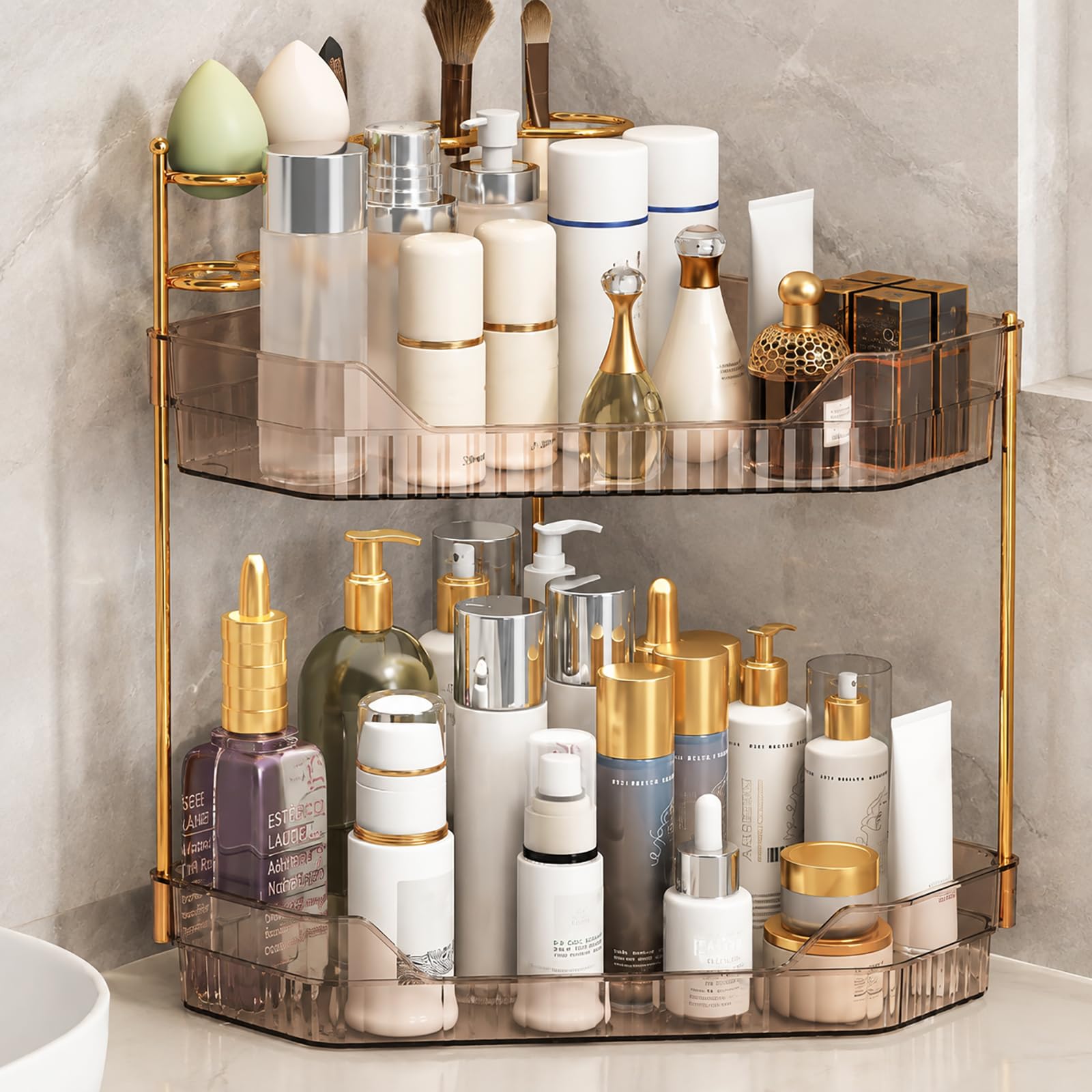 Organizer per bancone da bagno ad angolo con porta pennelli da trucco e portaspazzolini, organizer per trucchi per controsoffitti, mensola in acrilico per la cura della pelle (ambra, 2 piani)