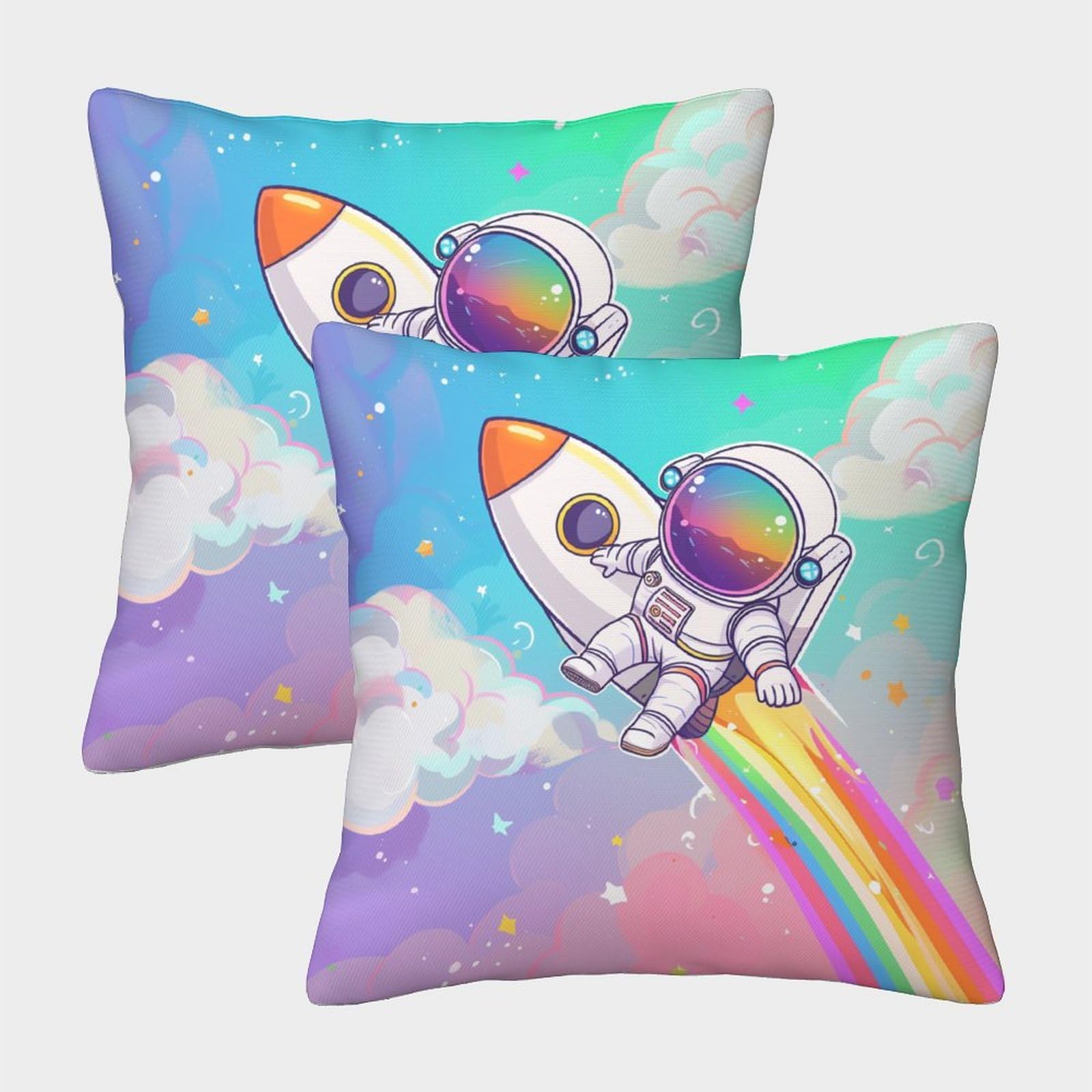 MEFESE 3D Printed Astronaut Throw Pillow Covers Rainbow Pattern Pillow Case Cushion Decorative Super Soft Pack of 2 for Patio,Couch, Tent, Balcony And Sofa 40x40cm