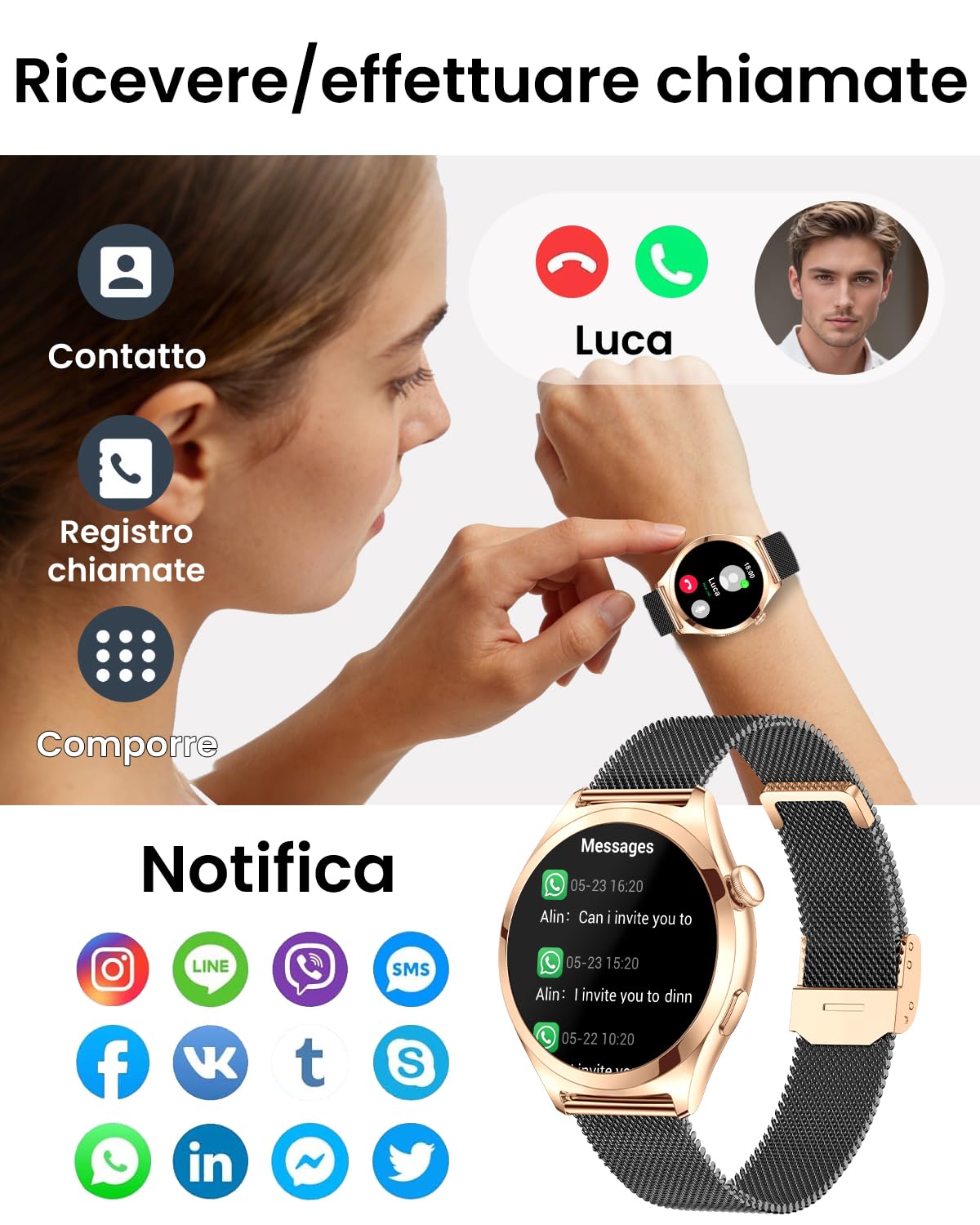 Smartwatch Donna Rotondo con Chiamate, Display Curvo HD da 1,27", Monitor Frequenza Cardiaca SpO2 Sonno, 120+ Modalità Sport, Impermeabile IP68, Smart Watch Donna per Android iOS (Nero oro)