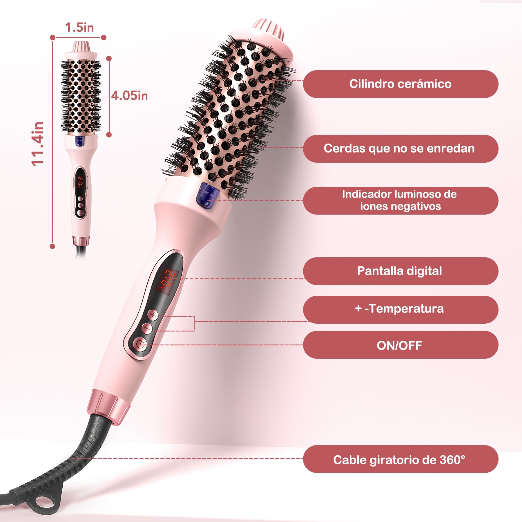 Cepillo Térmico Redondo Iónico 38mm, 9 Ajustes de Temperatura, Doble Voltaje