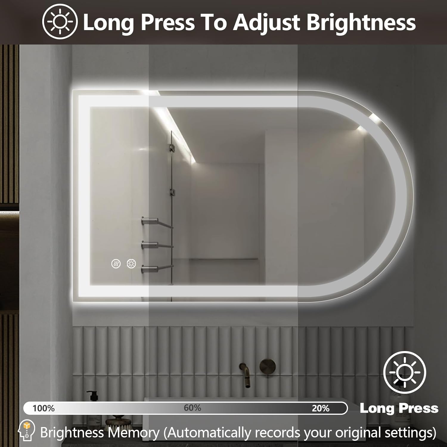 Niccy Arched LED Bathroom Mirror, 40x24 Arch Wall Mounted Frameless Bathroom Mirror for Vanity, Smart Lighted Frontlit Mirrors with Memory Function for Bathroom Bedroom Beauty Hair Salon