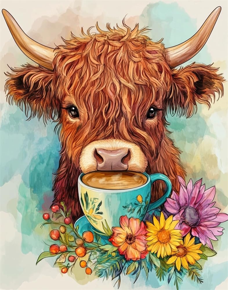 Henypt 11Ct Cross Stitch, Little Highland Cow Drinking Coffee with 11 Count Counted Stamped Pre Printed Cross Stitch Embroidery Kits for Adults Beginners Starter Advanced Easy Crossstitch Patterns